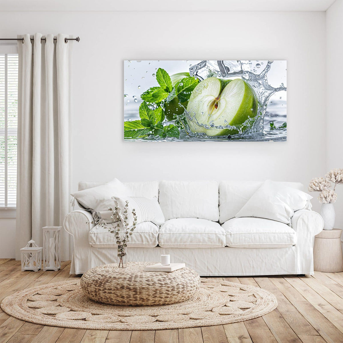 Wandbild - Grüner Apfel mit Minze - Querformat – Halbierter Apfel im klaren Wasser