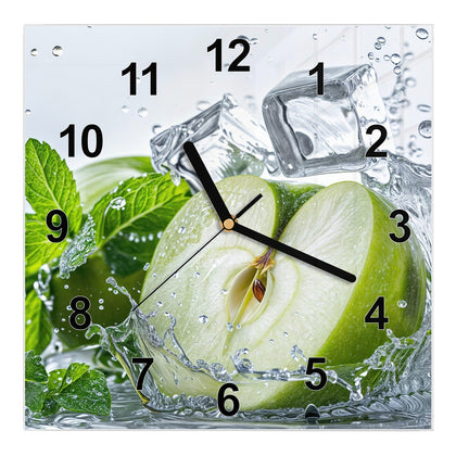 Wanduhr Quadratisch mit dem Motiv Grüner Apfel mit Minze