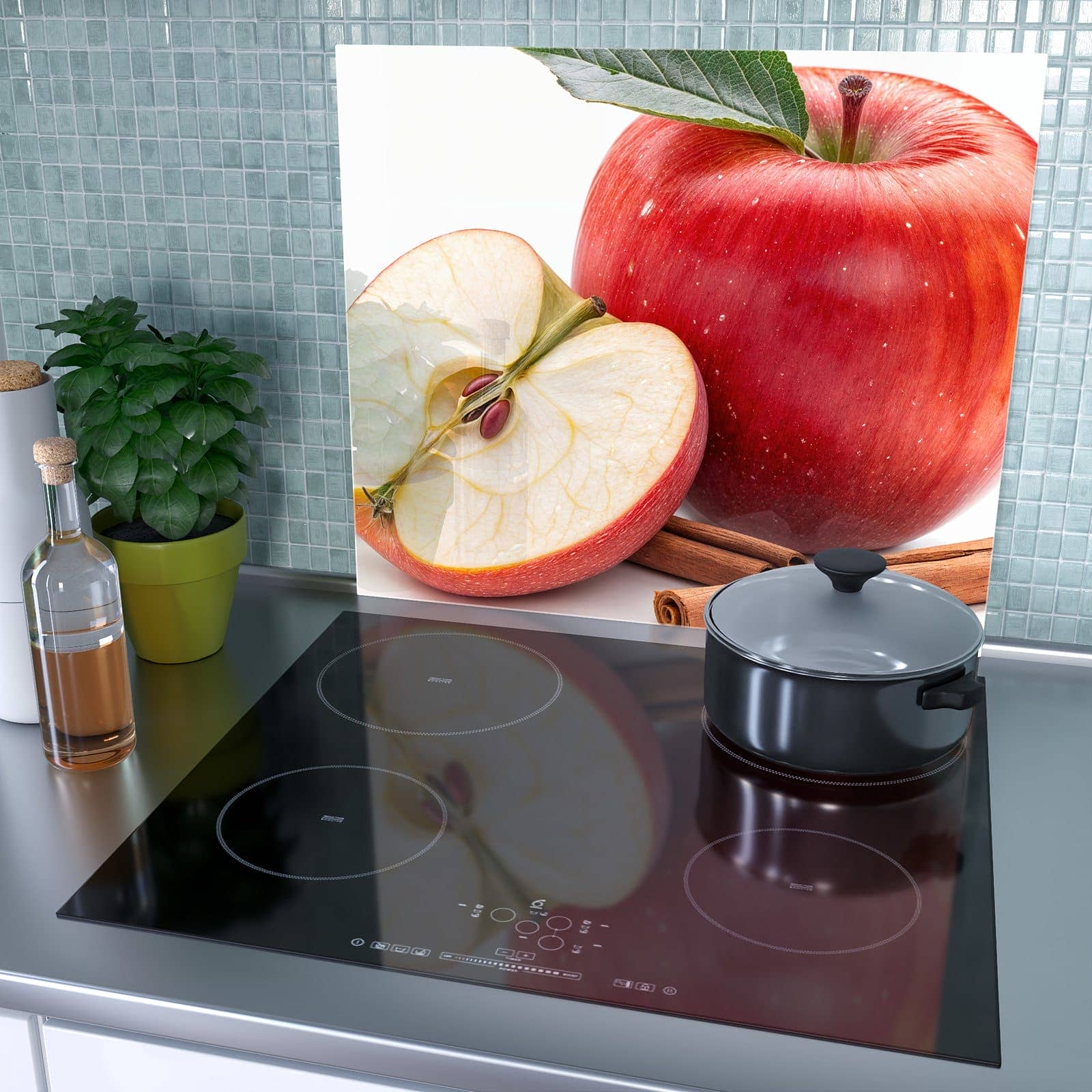 1-teilige Herdabdeckplatte mit Apfel mit Zimt-Motiv als Spritzschutz hinter dem Kochfeld