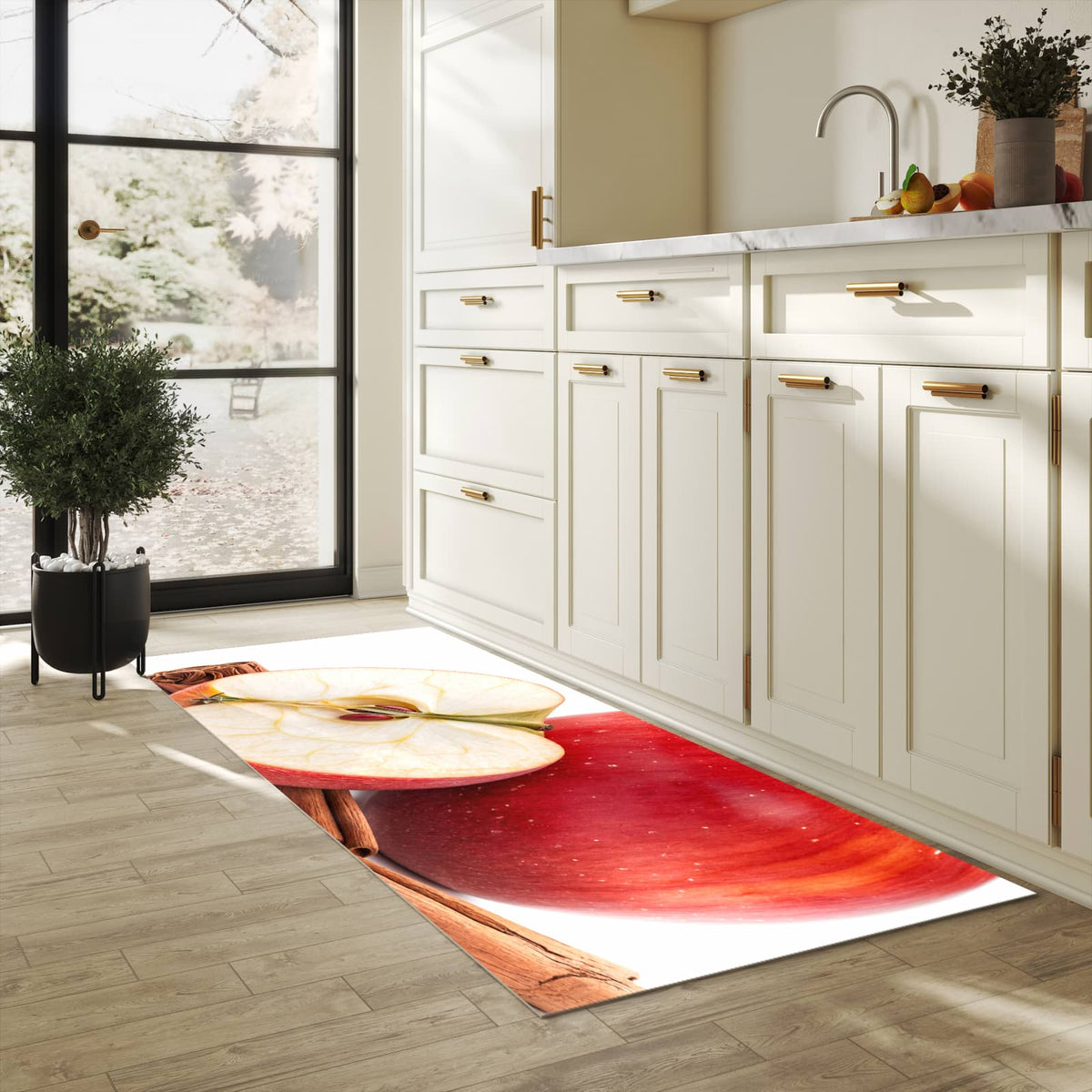 Waschbarer Teppich fürs Esszimmer mit Motiv Apfel mit Zimt in heller Küche