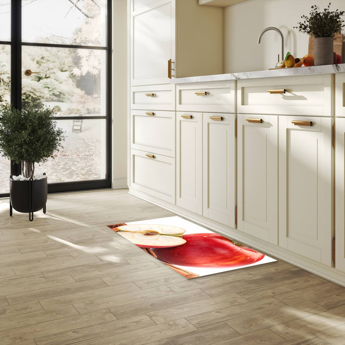 Fleckenresistenter waschbarer Teppich Küche mit Motiv Apfel mit Zimt in heller Küche