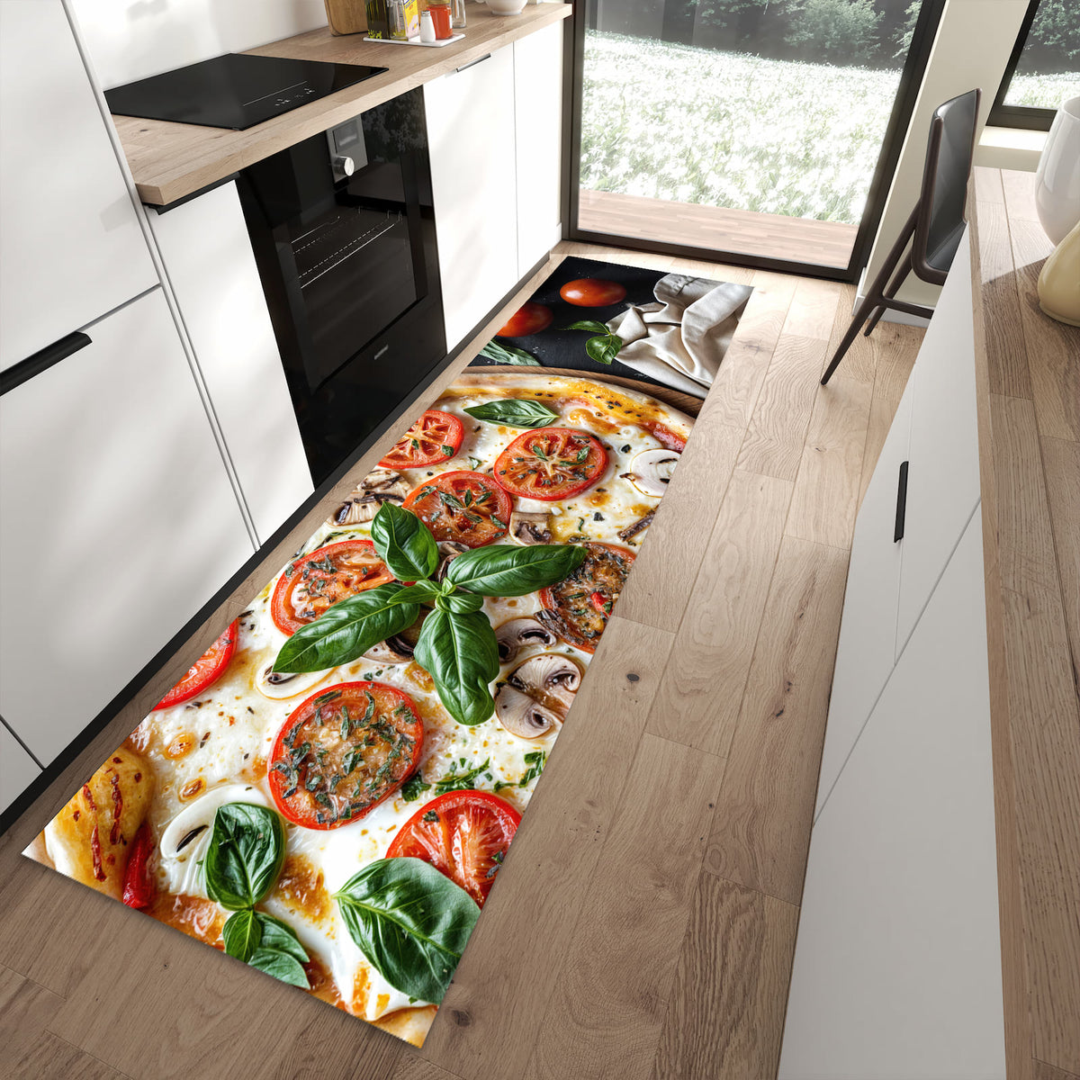 Hygienischer großer Küchenteppich mit Motiv Pizza mit Tomaten in moderner Küche