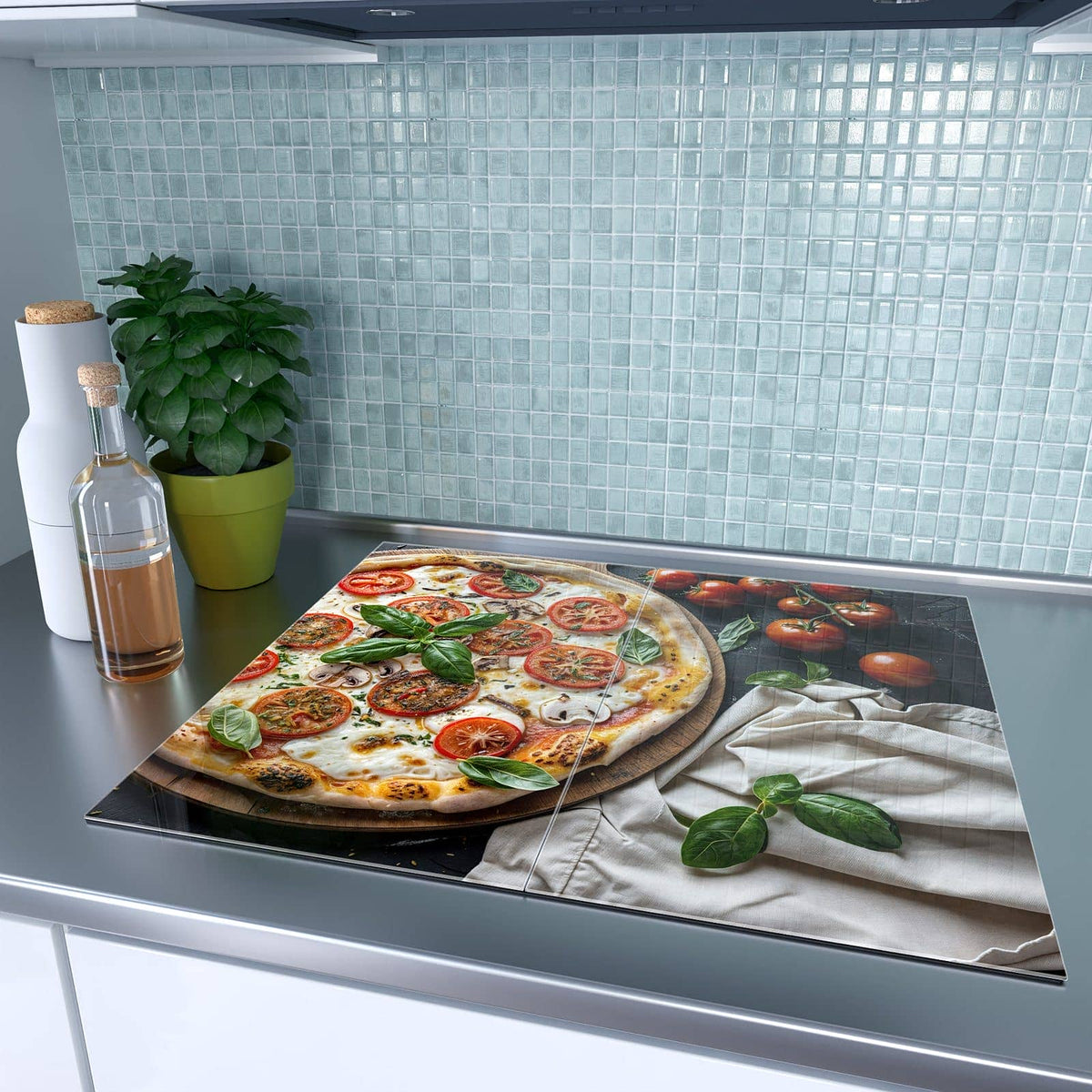 2-teilige Ceranfeldabdeckungen mit Pizza mit Tomaten-Motiv auf dem Ceranfeld