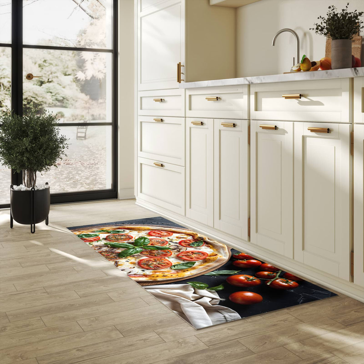 Langlebiger Küchenteppich mit Motiv Pizza mit Tomaten in heller Küche