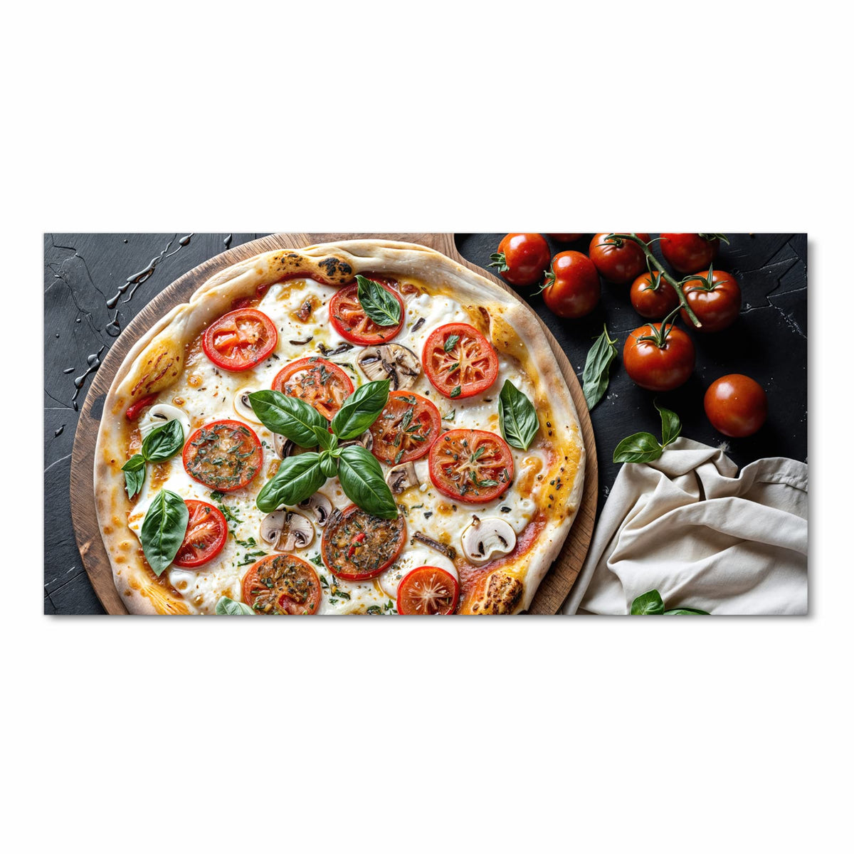 Zeitsparender rutschfester Küchenteppich mit Motiv Pizza mit Tomaten in Frontansicht