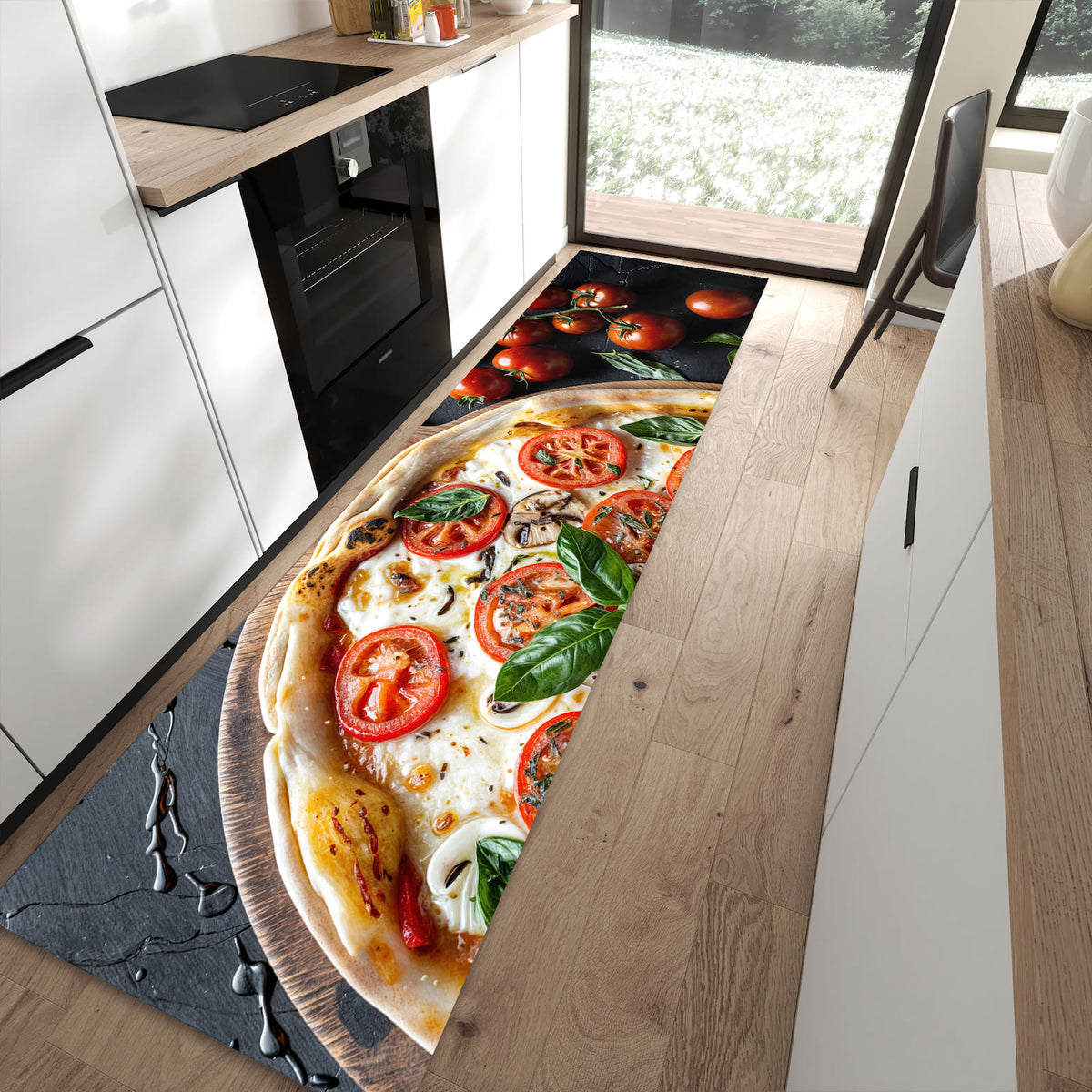 Strapazierfähiger rutschfester Küchenteppich mit Motiv Pizza mit Tomaten in moderner Küche