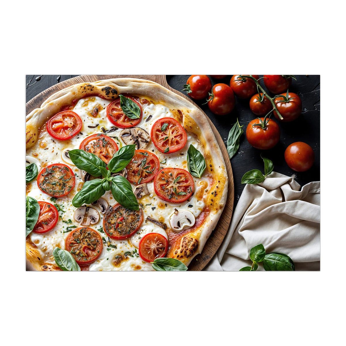 Küchenrückwand aus Glas Pizza mit Tomaten im Hochformat, Motiv bildfüllend von vorn #grösse_50 x 75 cm #grösse_40 x 60 cm #grösse_60 x 90 cm #grösse_80 x 120 cm