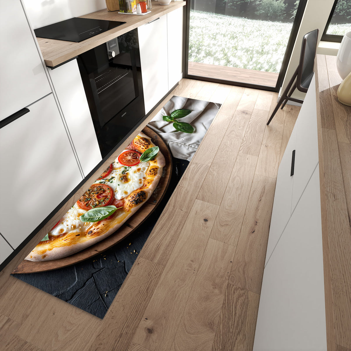 Flacher Küchenteppich mit Motiv Pizza mit Tomaten in moderner Küche - waschbar