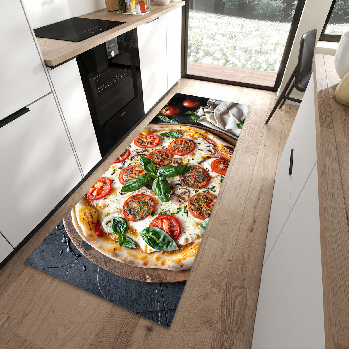 Langlebiger Küchenläufer mit Motiv Pizza mit Tomaten in moderner Küche