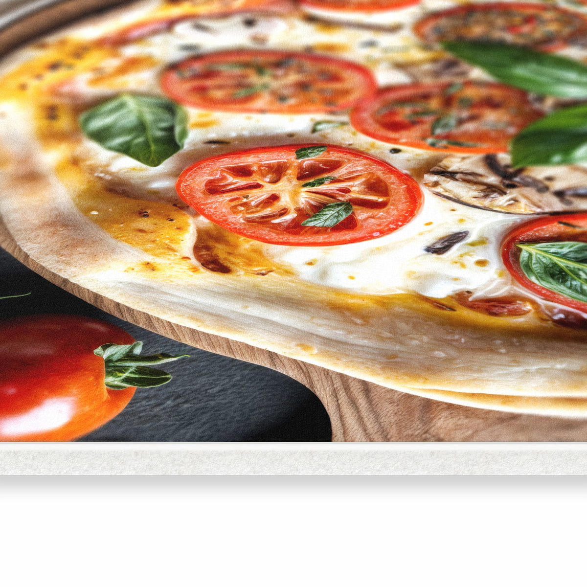 Bodenschonender waschbarer Küchenteppich mit Motiv Pizza mit Tomaten in seitlicher Ansicht
