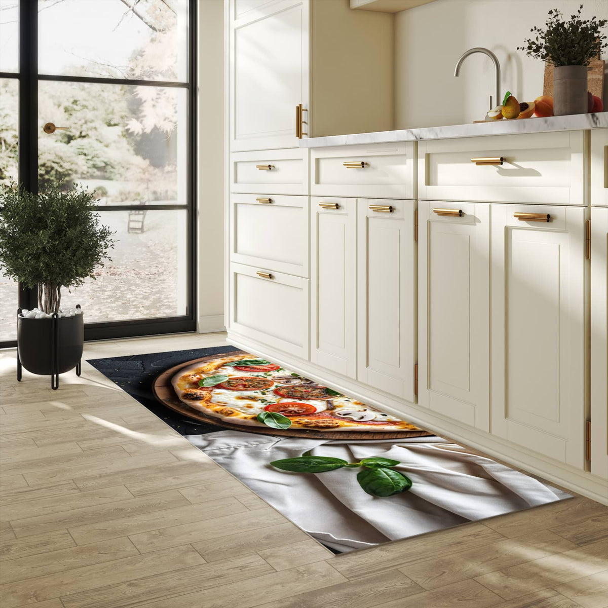 Rutschfester Küchenteppich mit Motiv Pizza mit Tomaten in heller Küche
