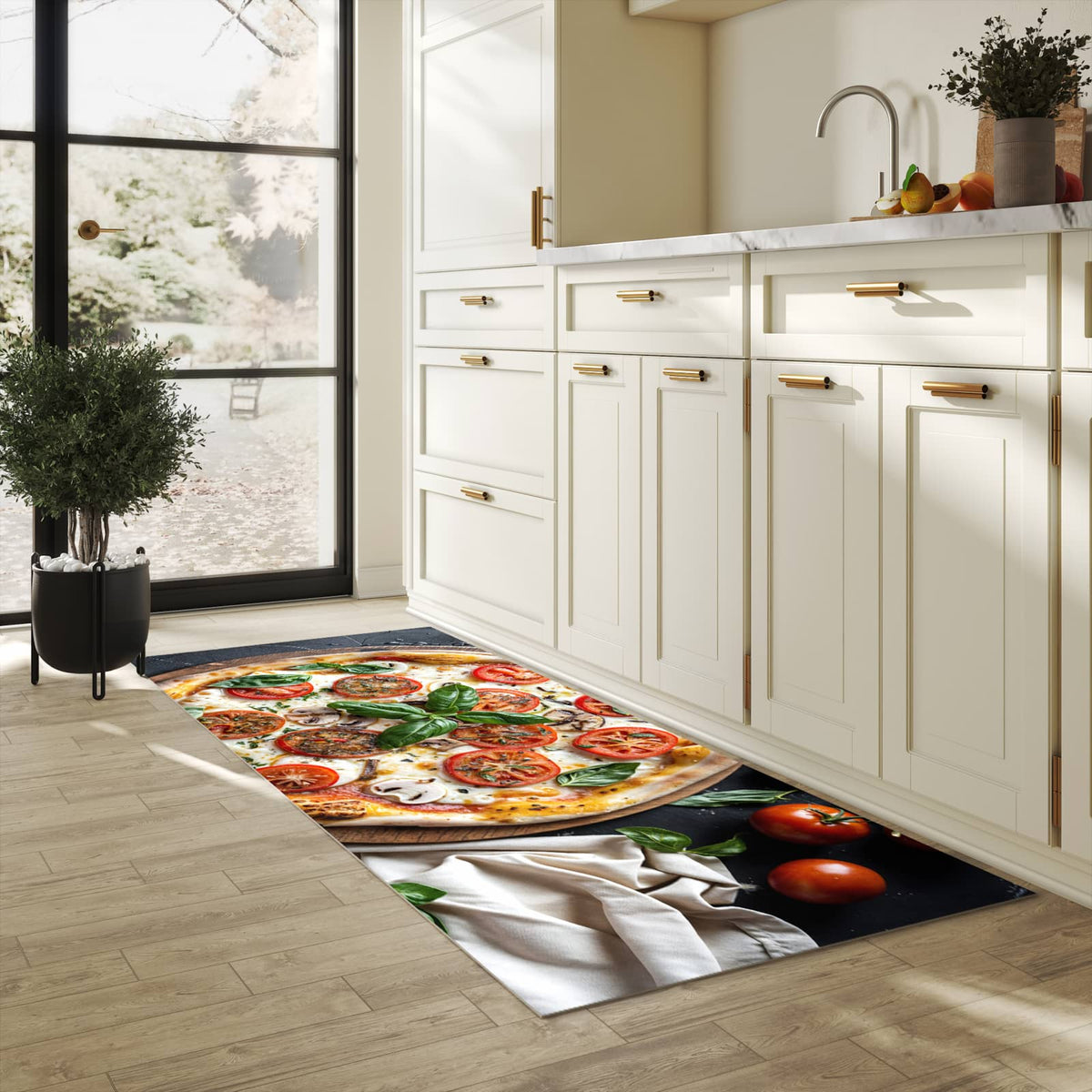 Wasserabweisender Küchenvorleger mit Motiv Pizza mit Tomaten in heller Küche