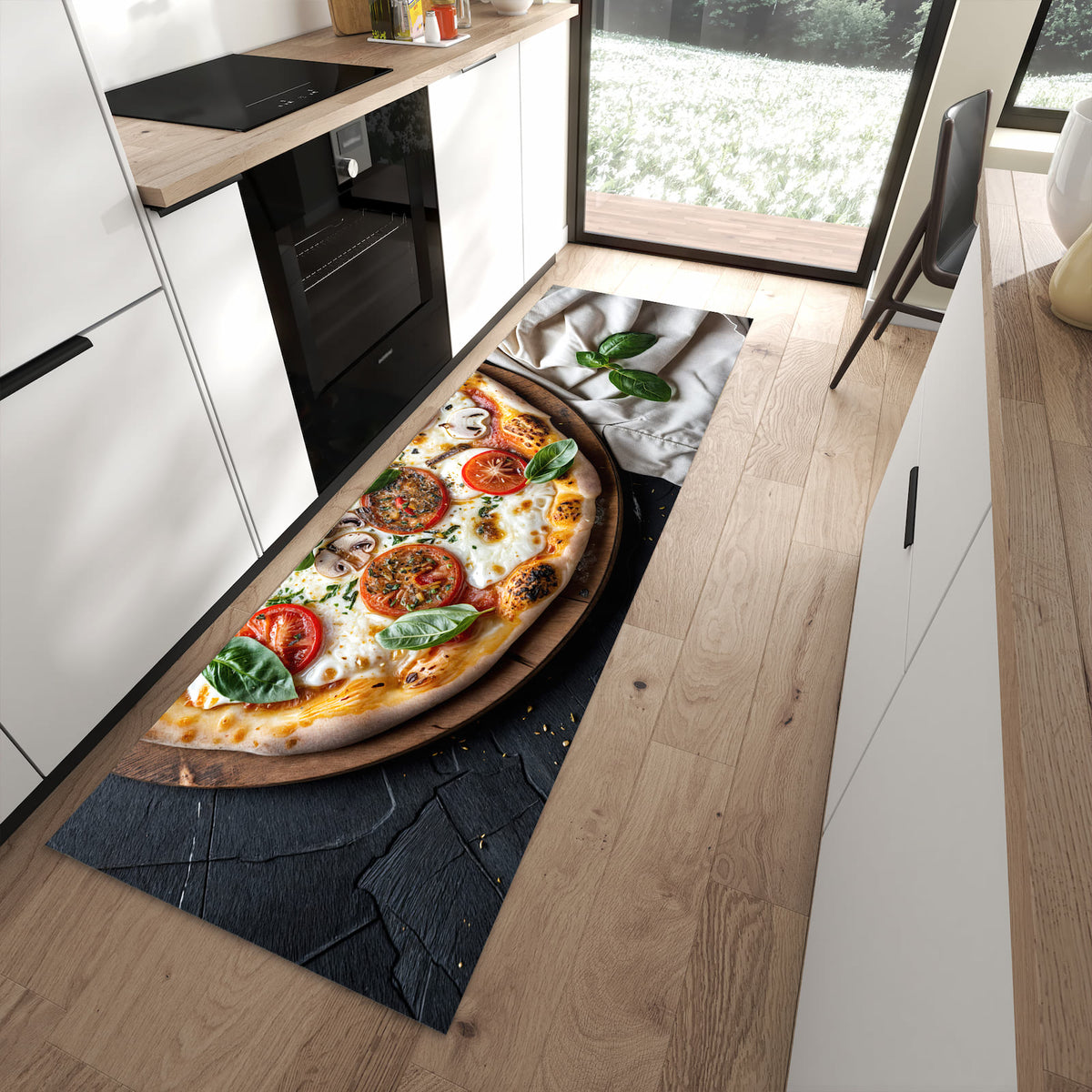 Küchenteppich mit Motiv Pizza mit Tomaten für angenehmes Stehen in moderner Küche