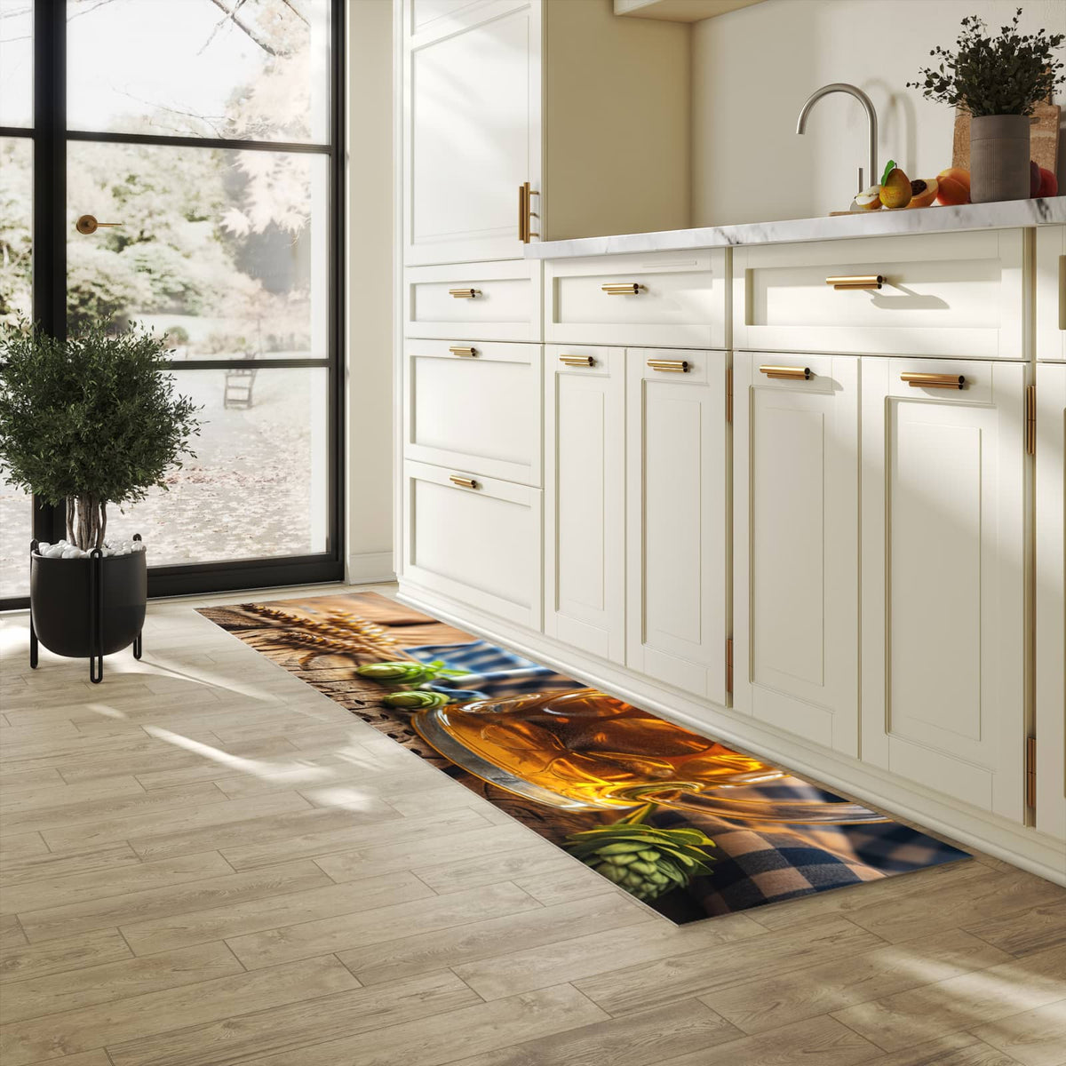 UV-beständiger rutschfester Küchenläufer mit Motiv Bierglas in heller Küche