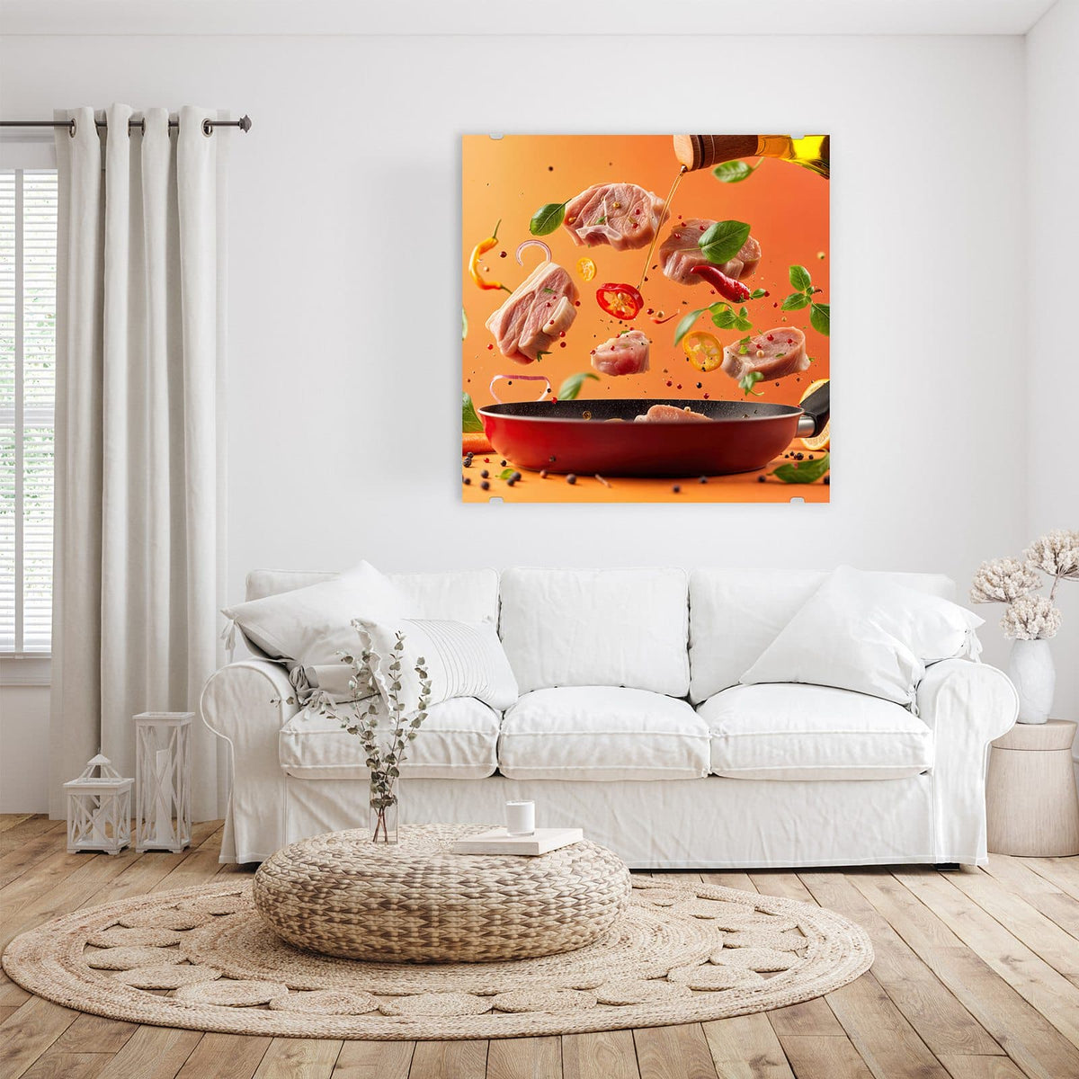 Glasbild Zutaten über der Pfanne an der Wand – Fleischstücke, Chili, Basilikum und Pfefferkörner schweben über einer roten Pfanne, Öl fließt aus der Flasche, oranger Grund.