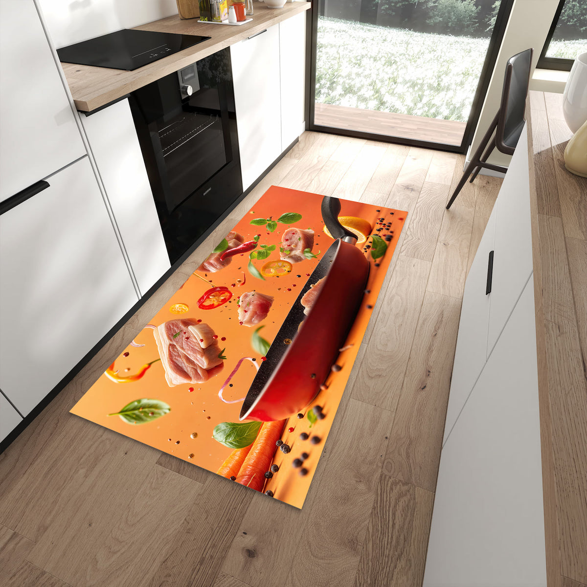 Rutschfester waschbarer Küchenteppich mit Motiv Frische Kochzutaten in moderner Küche