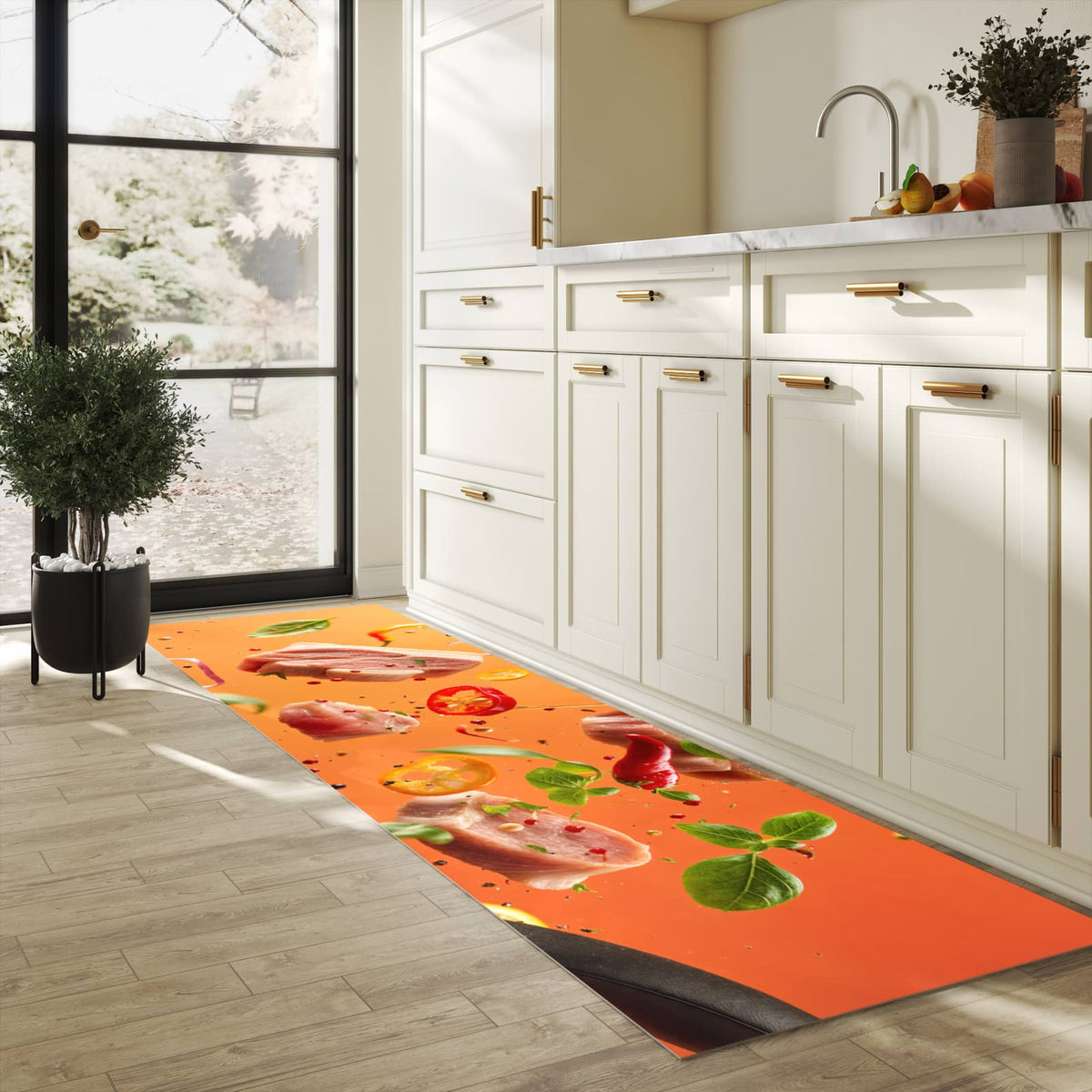 Bodenschonender großer Küchenteppich mit Motiv Frische Kochzutaten in heller Küche