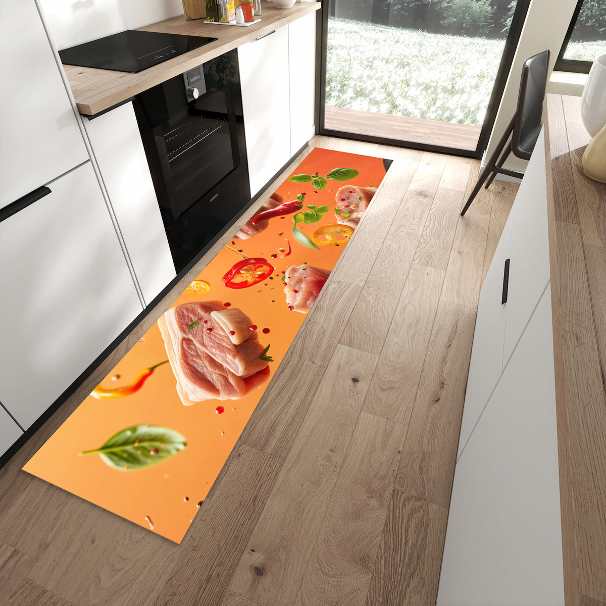 Rutschfester Küchenteppich mit Motiv Frische Kochzutaten in moderner Küche