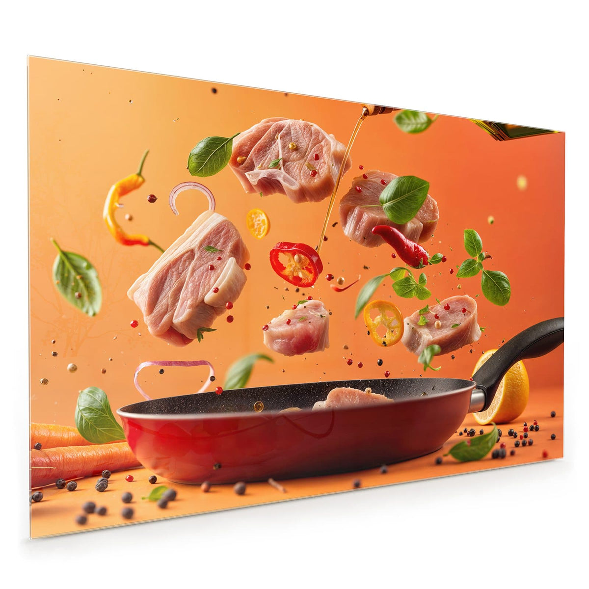 Küchenrückwand aus Glas im Hochformat mit Motiv Zutaten über der Pfanne: Fleischstücke, Chili, Basilikum und Pfefferkörner schweben über einer roten Pfanne
