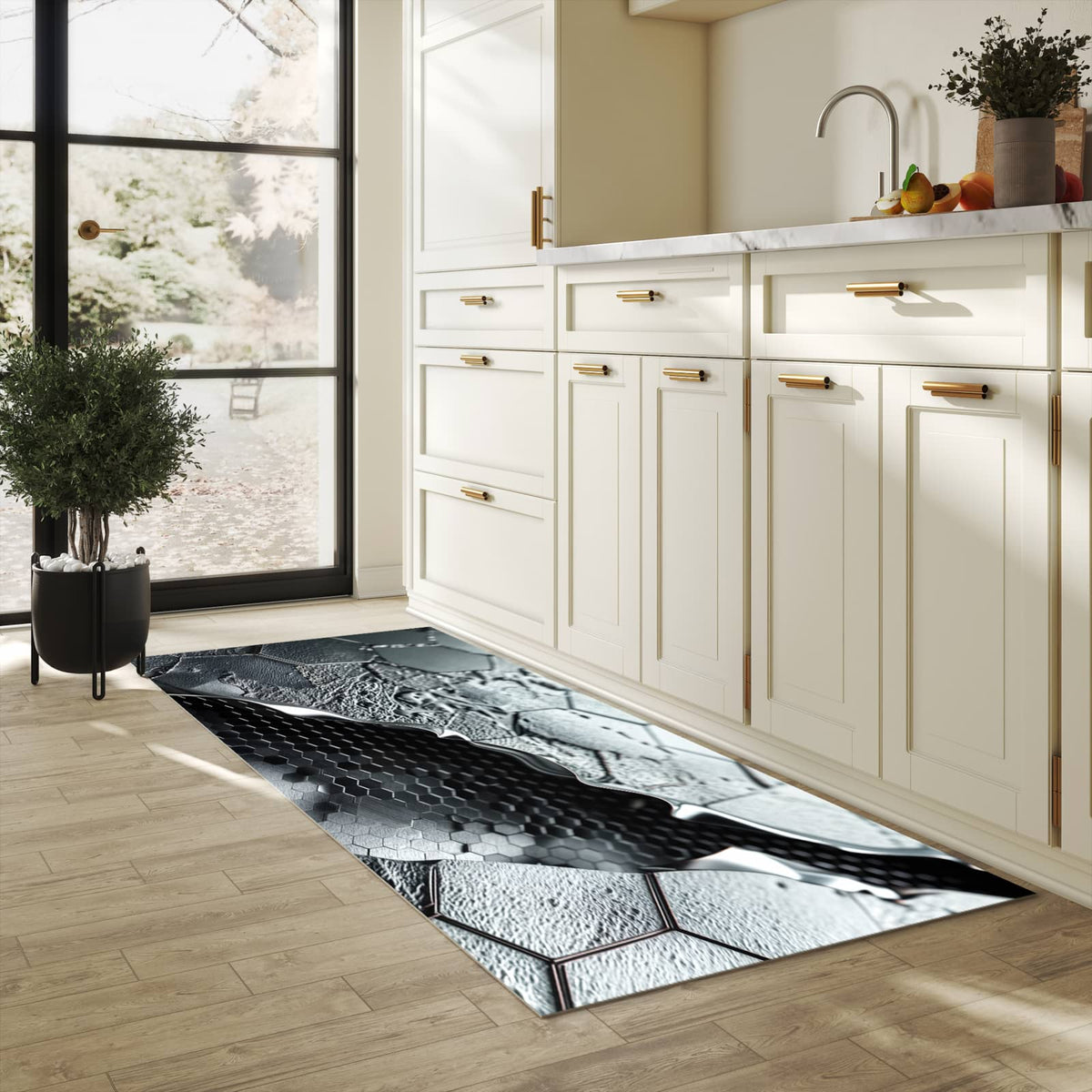 Rutschfester Teppich für Esstisch mit Motiv Hexagon Muster in heller Küche