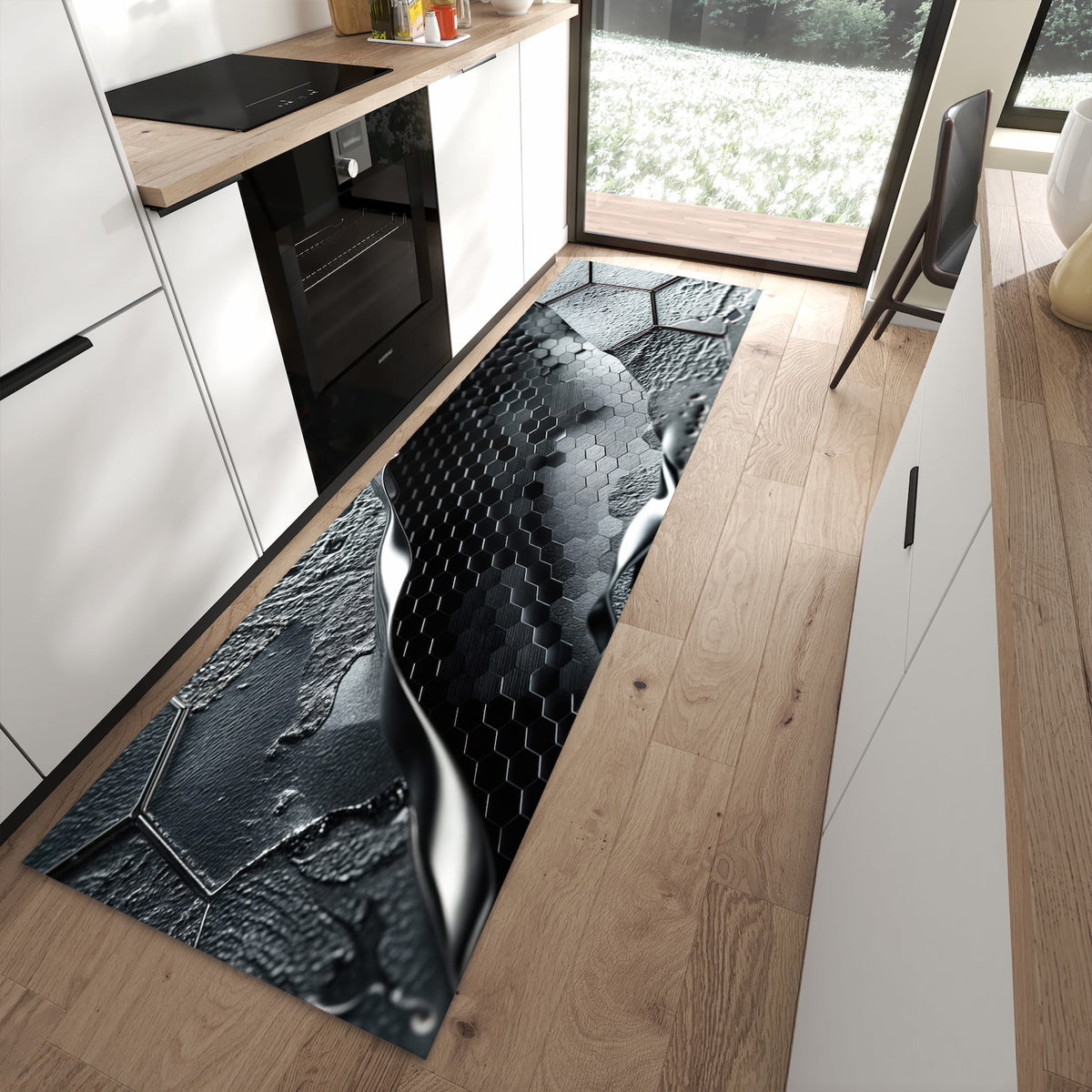 Wasserabweisender Küchenläufer mit Motiv Hexagon Muster in moderner Küche