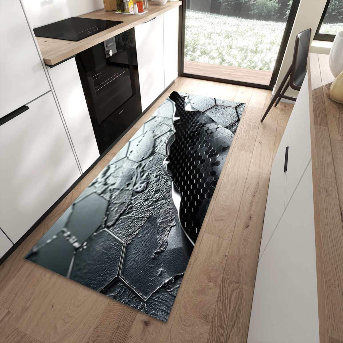 Geruchsneutraler Küchenteppich mit Motiv Hexagon Muster in moderner Küche