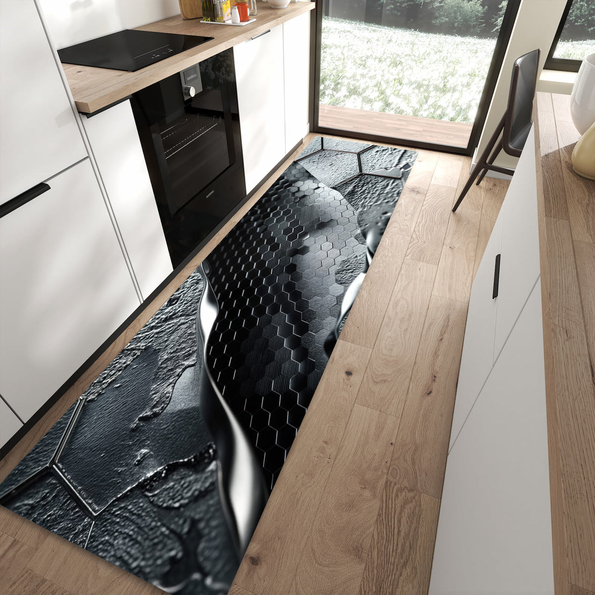 Fleckenresistenter abwaschbarer Küchenteppich mit Motiv Hexagon Muster in moderner Küche