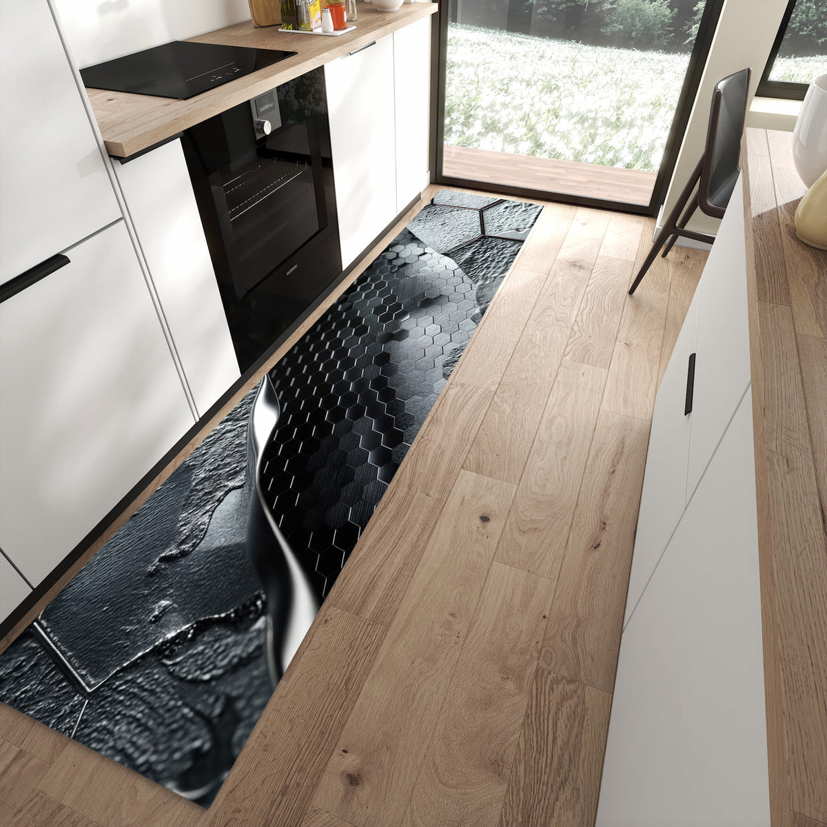 Geräuschdämpfender Küchenläufer mit Motiv Hexagon Muster in moderner Küche