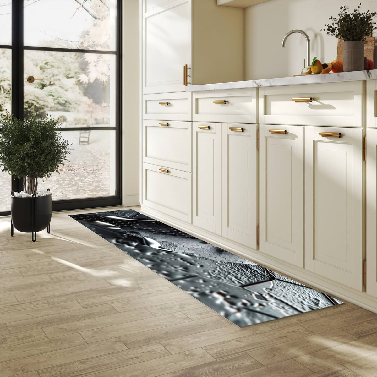 Wasserabweisender Küchenläufer mit Motiv Hexagon Muster in heller Küche
