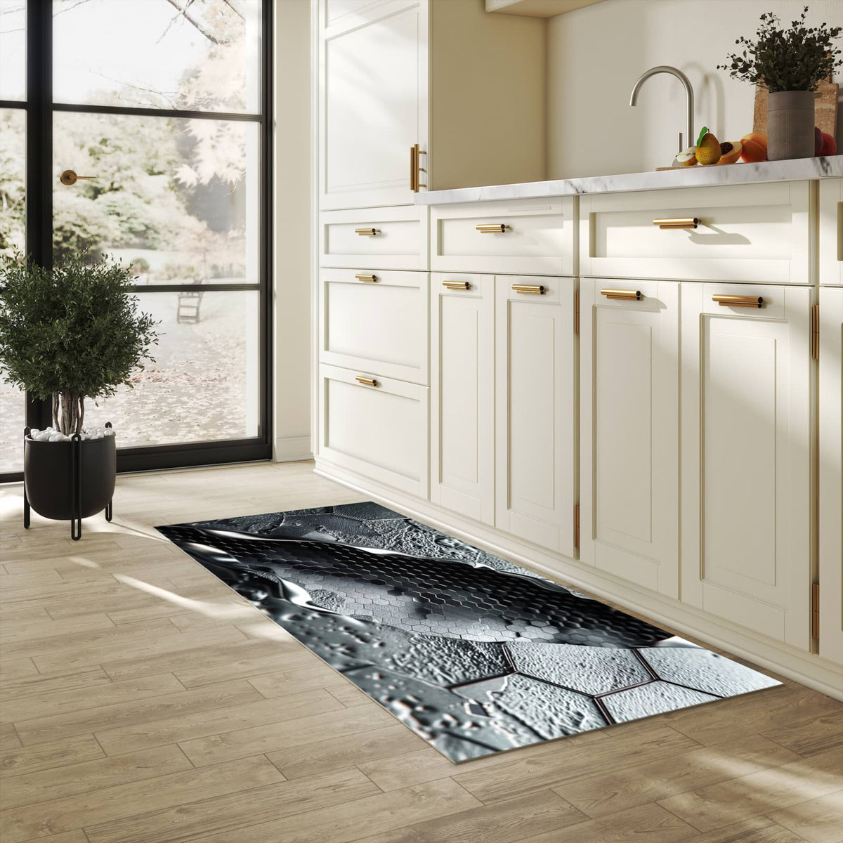Geruchsneutraler rutschfester Läufer mit Motiv Hexagon Muster in heller Küche