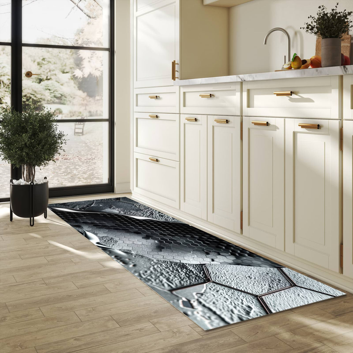 Flacher rutschfester Küchenteppich mit Motiv Hexagon Muster in heller Küche