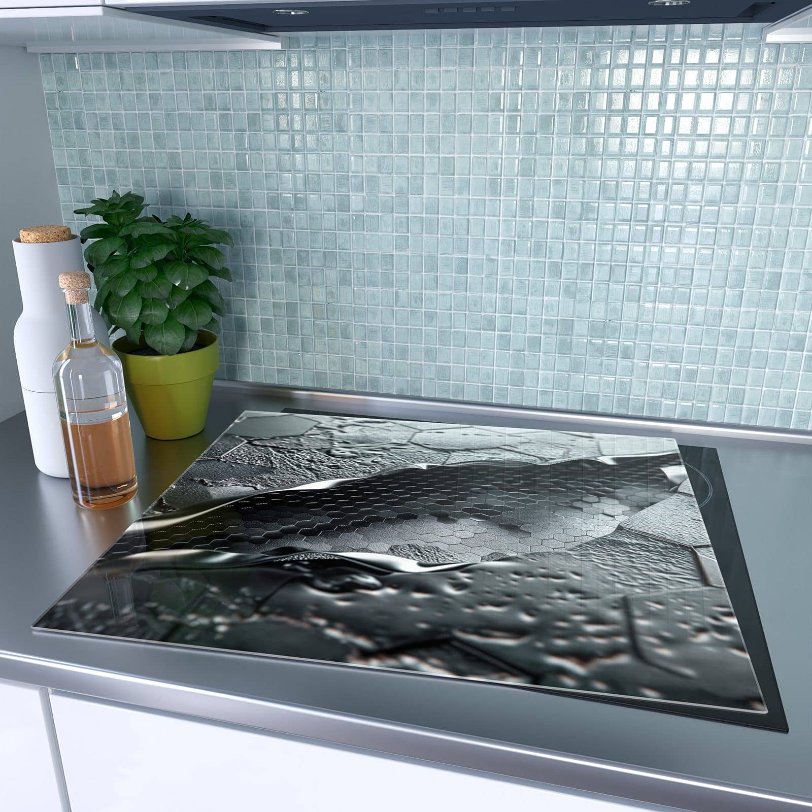 1-teilige Herdabdeckung für Induktionsfeld mit Hexagon Muster-Motiv auf dem Ceranfeld