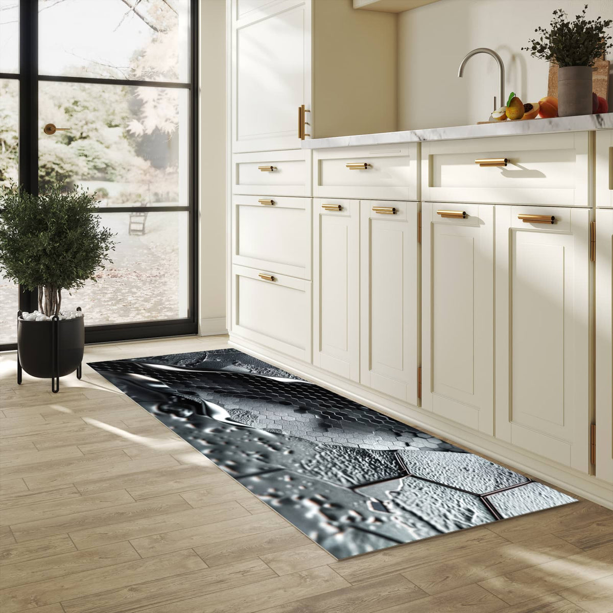Langlebiger dünner Küchenteppich mit Motiv Hexagon Muster in heller Küche