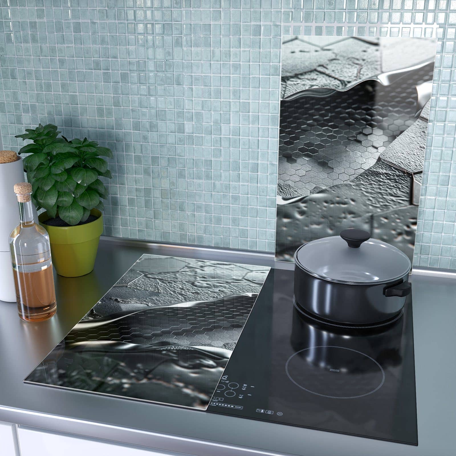 2-teilige Glasplatte für Herd mit Hexagon Muster-Motiv als Spritzschutz hinter dem Kochfeld