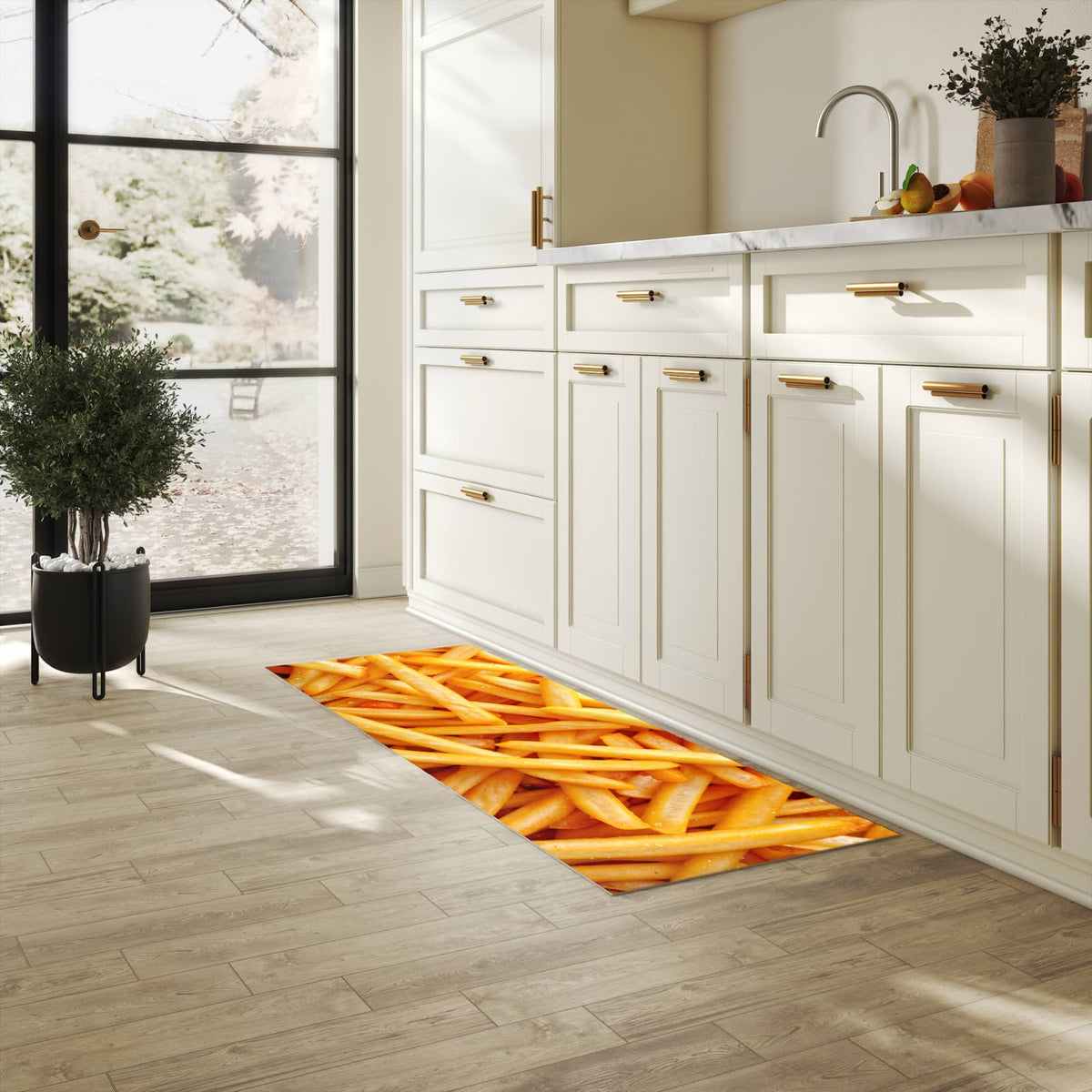 Waschbarer Küchenteppich mit Motiv Pommes Frites in heller Küche
