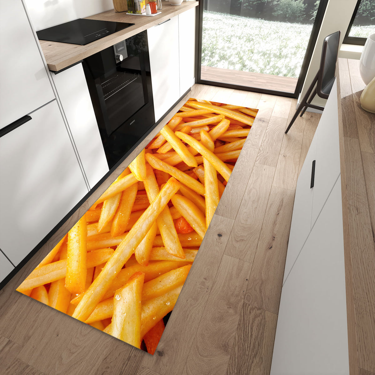 Langlebiger rutschfester Küchenteppich mit Motiv Pommes Frites in moderner Küche