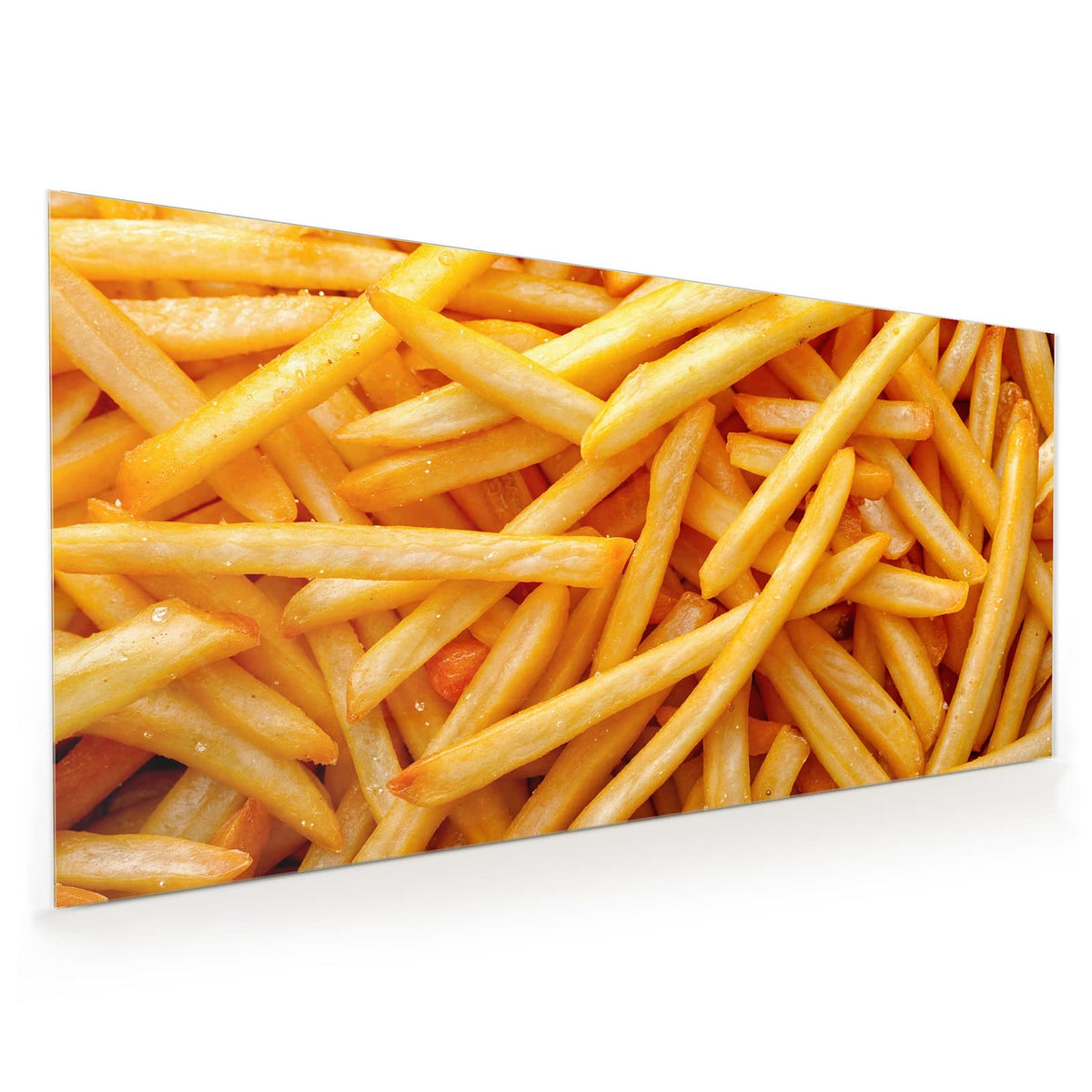 Küchenrückwand aus Glas im Hochformat: Bildfüllender Haufen goldgelber Pommes frites #grösse_50 x 100 cm #grösse_60 x 120 cm #grösse_55 x 110 cm #grösse_40 x 80 cm