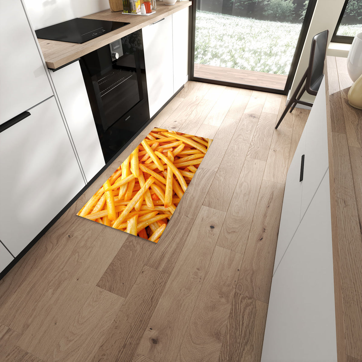 Pflegeleichter Küchenteppich mit Motiv Pommes Frites in moderner Küche #grösse_60 x 120 cm