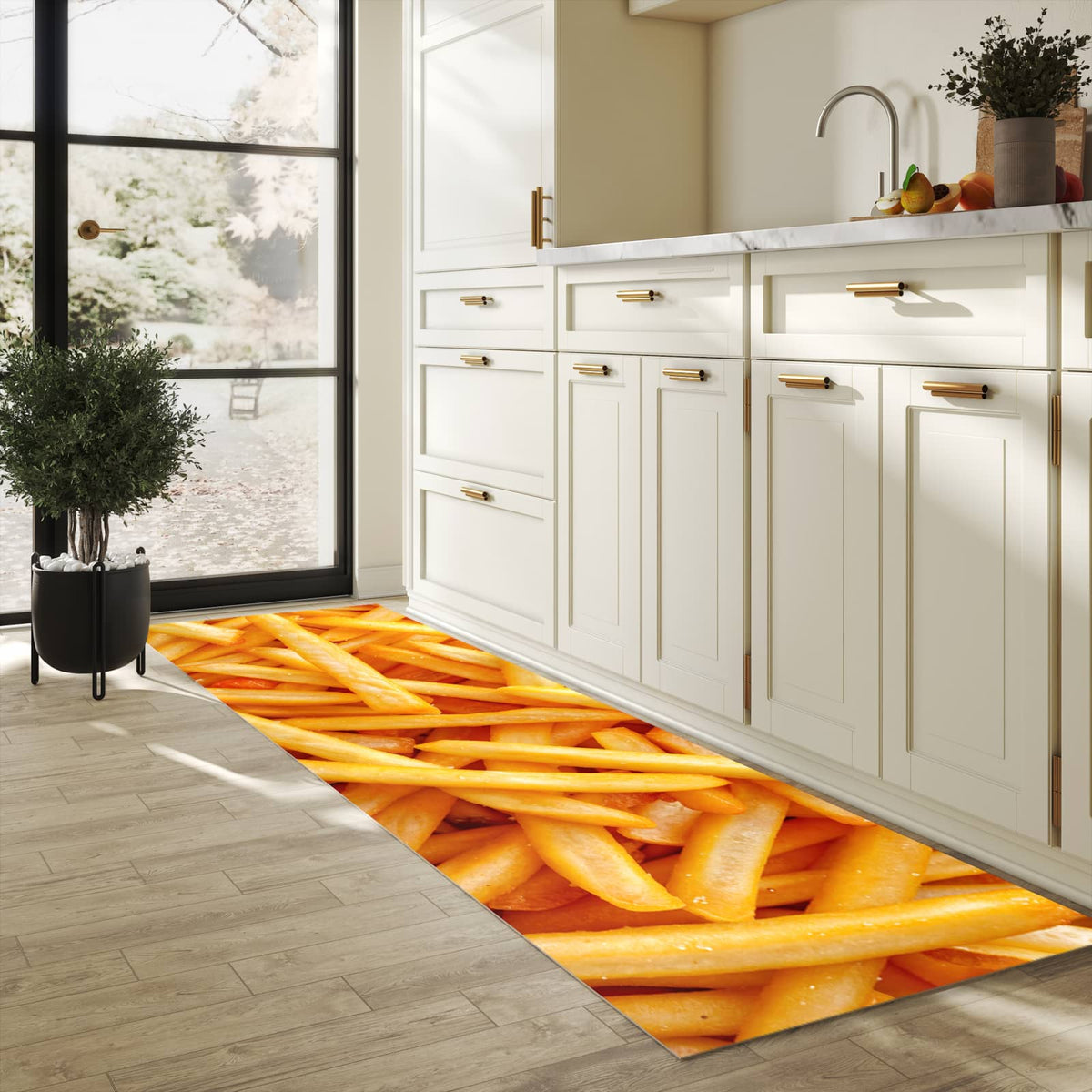 Formstabiler Küchenläufer mit Motiv Pommes Frites in heller Küche