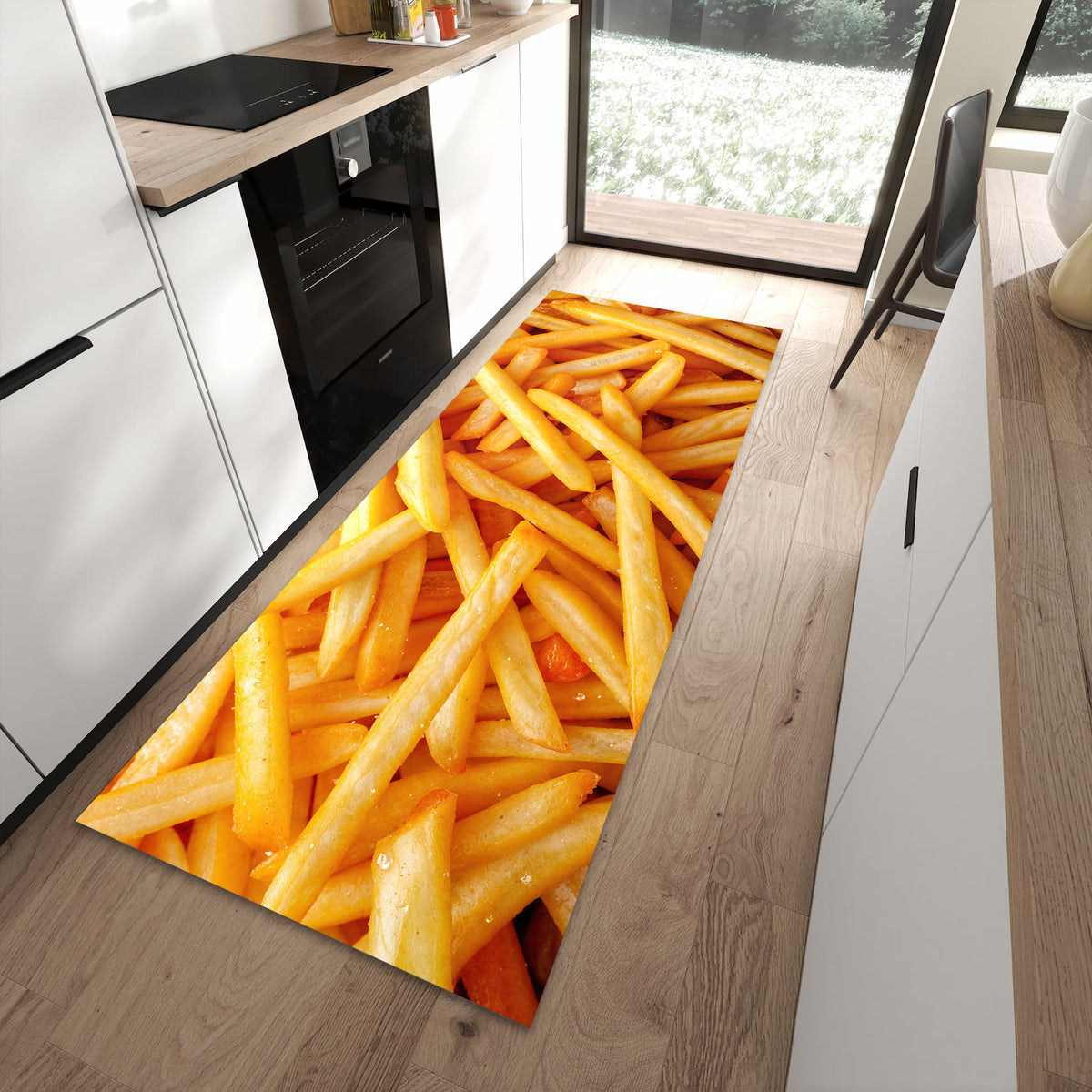 Waschbarer Küchenläufer mit Motiv Pommes Frites für Ordnung in moderner Küche