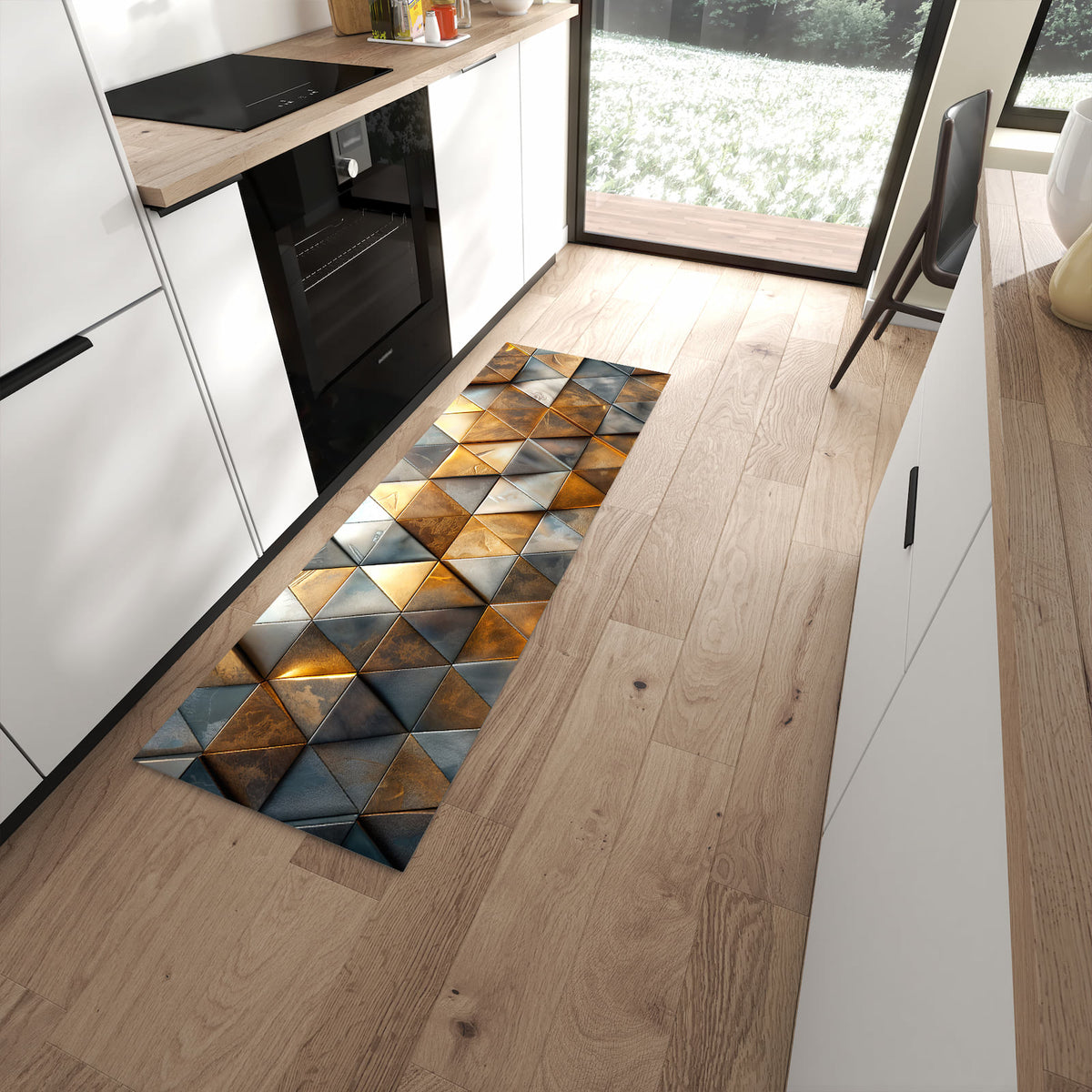 Zeitsparender langer Teppich mit Motiv Dreiecksmuster Wand in moderner Küche