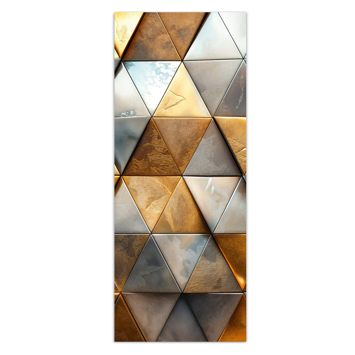 Wandbild - Metalldreiecke in Gold - Hochformat – Glänzende 3D-Dreiecke in Gold