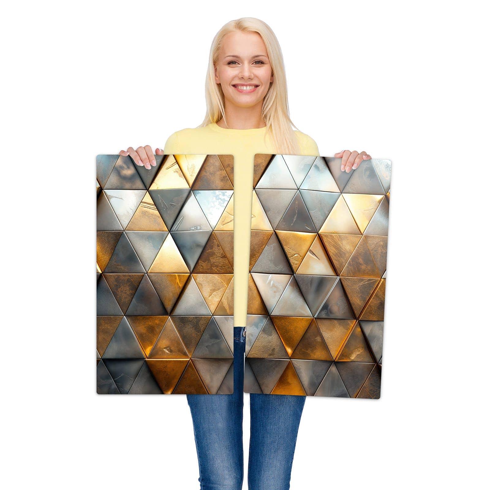 2-teilige Glasabdeckplatte für Ceranfeld mit Dreiecksmuster Wand-Motiv wird zur Größendarstellung gehalten