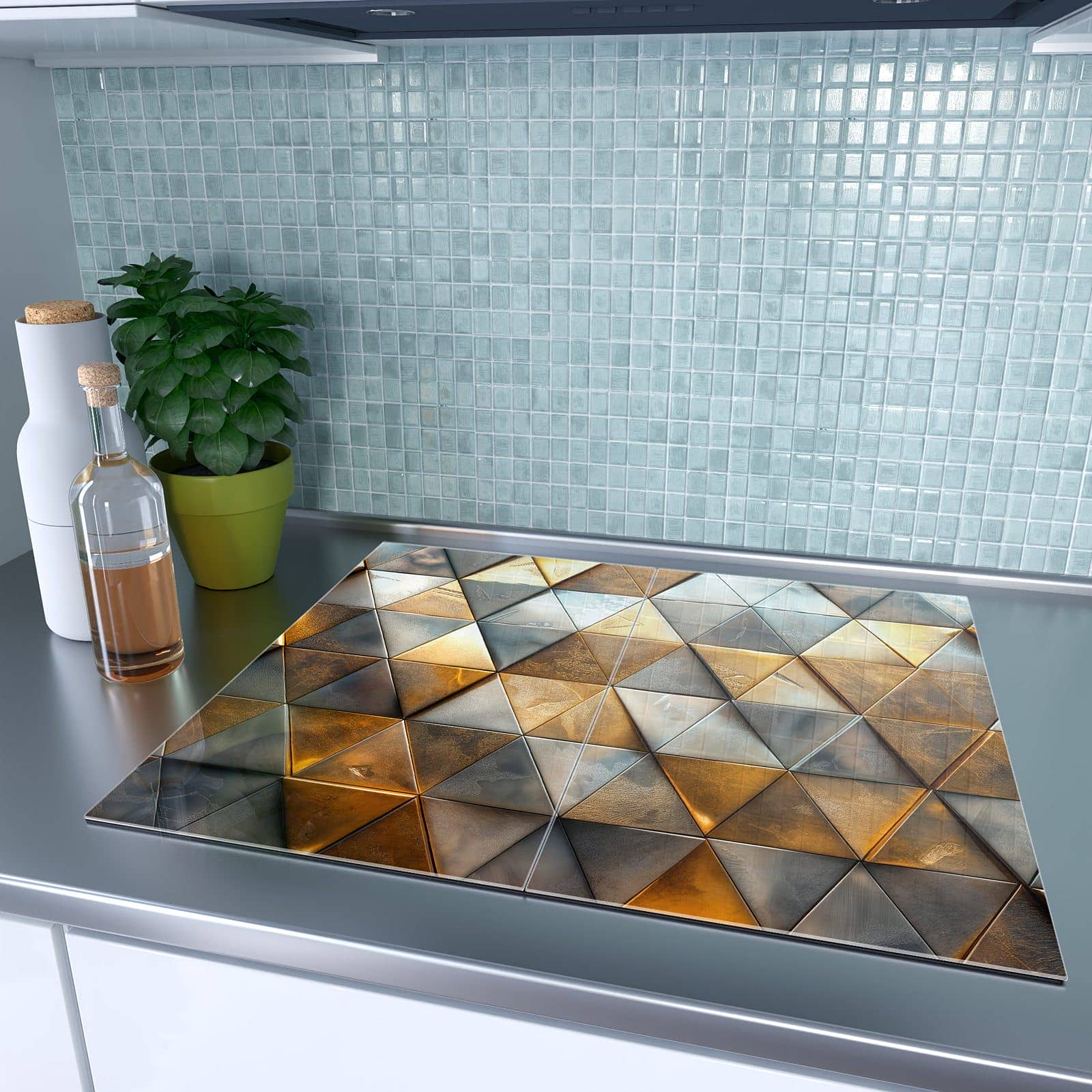 2-teilige Herdabdeckplatten für Ceranfeld mit Dreiecksmuster Wand-Motiv in moderner Küche