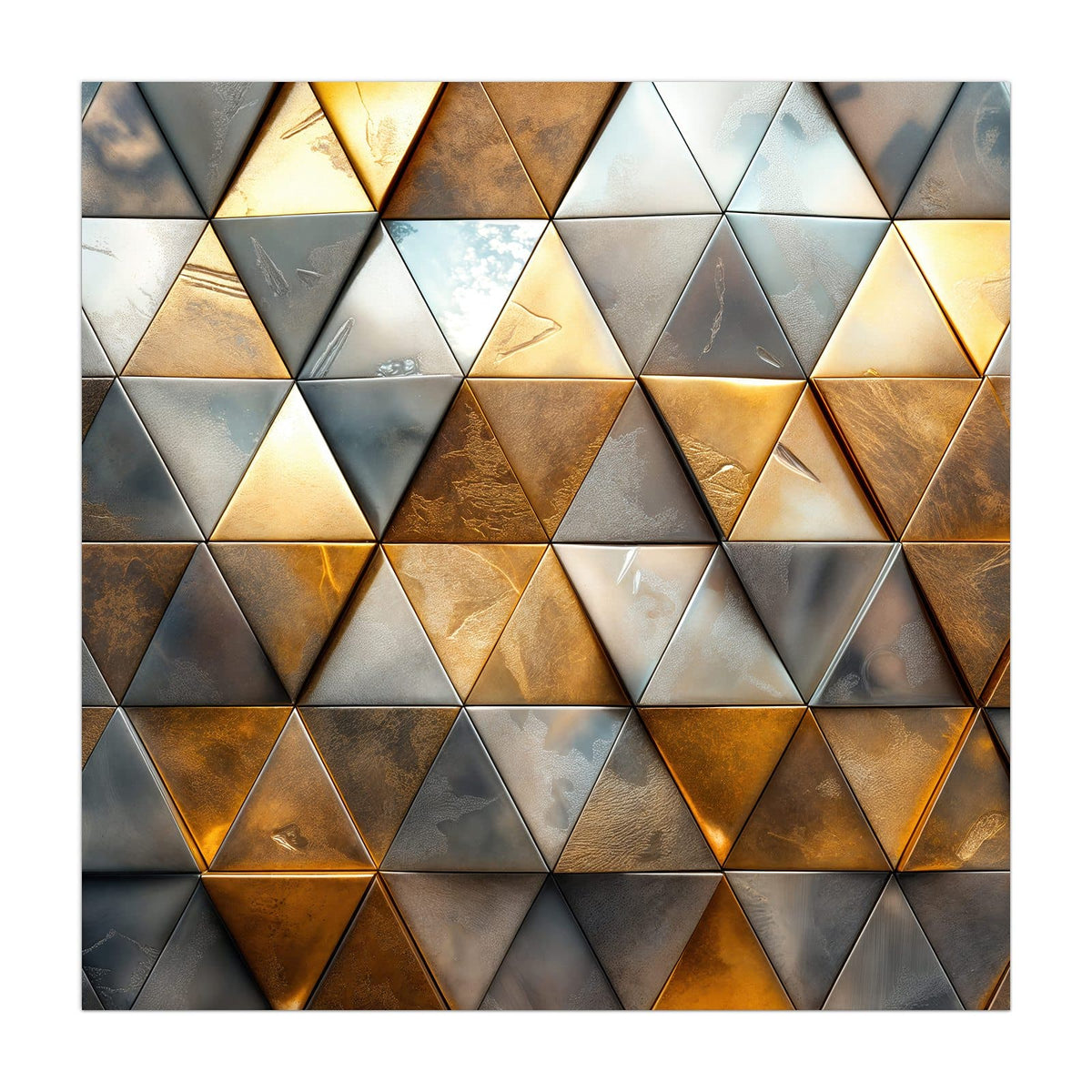 Küchenrückwand aus Glas Metalldreiecke in Gold im quadratischen Format, Motiv bildfüllend von vorn #grösse_40 x 40 cm #grösse_50 x 50 cm #grösse_60 x 60 cm