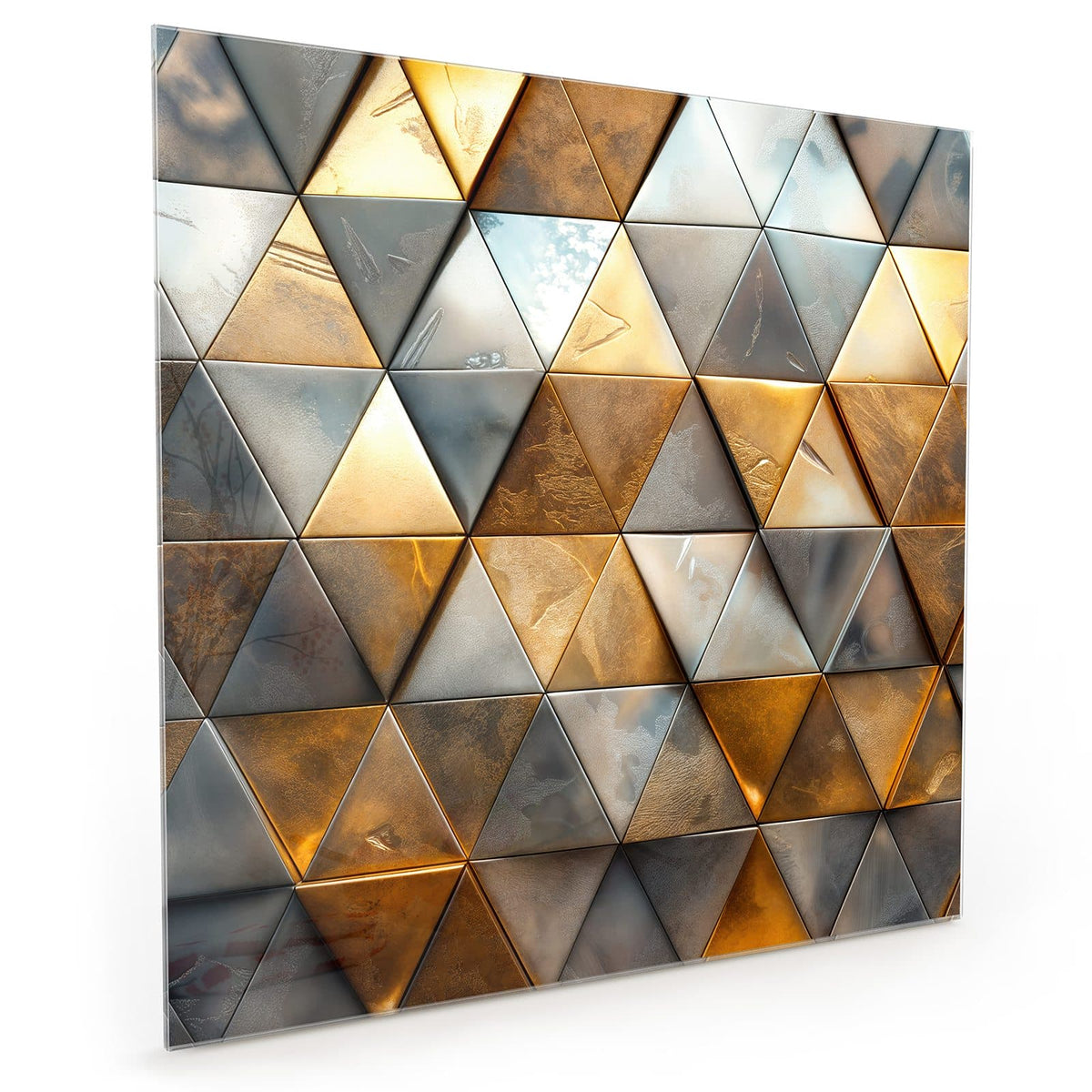 Küchenrückwand aus Glas im quadratischen Format mit Motiv Metalldreiecke in Gold: Wand aus plastischen Dreiecken in glänzendem Gold, Bronze und Silbergrau #grösse_40 x 40 cm #grösse_50 x 50 cm #grösse_60 x 60 cm