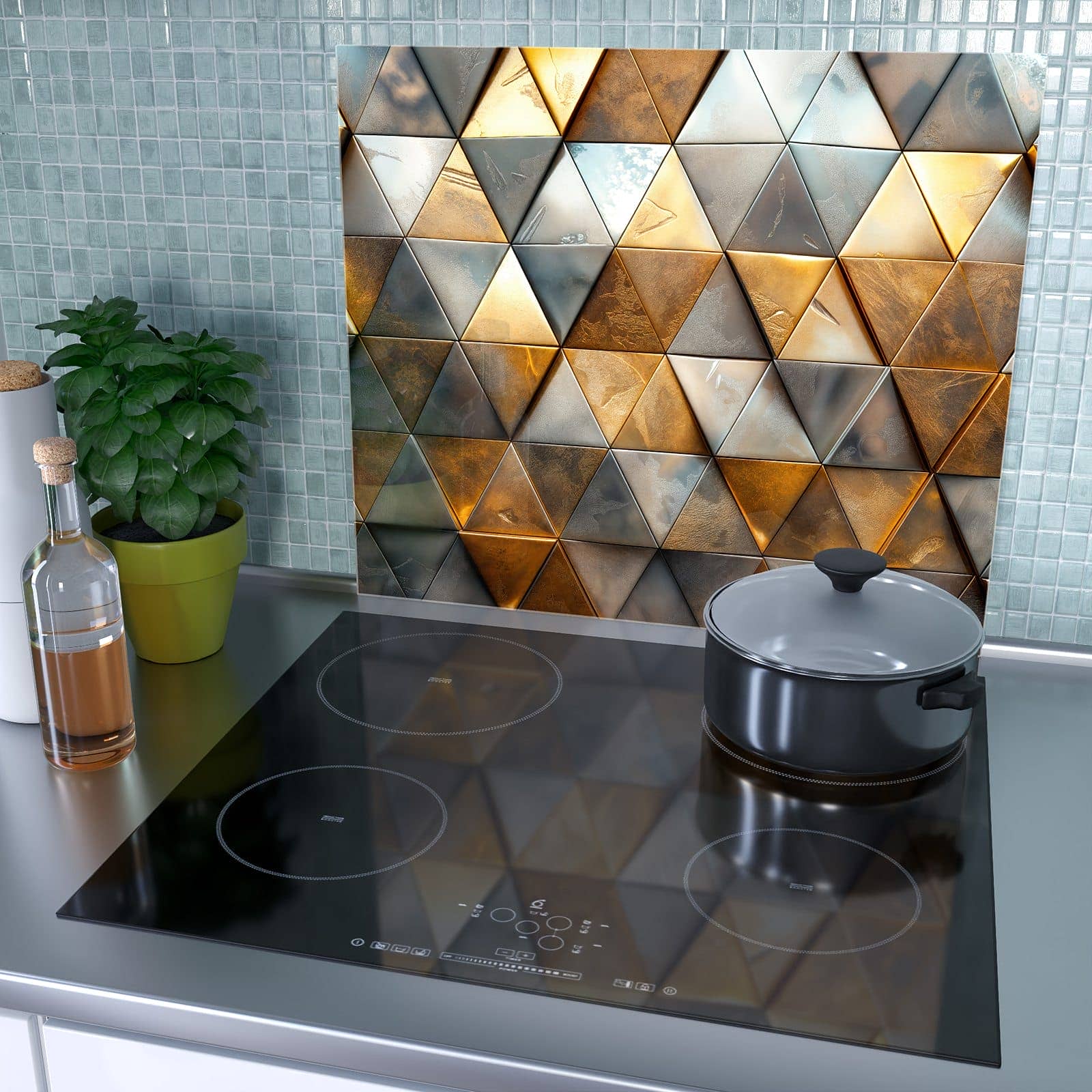 1-teilige Herdabdeckplatten aus Glas mit Dreiecksmuster Wand-Motiv als Spritzschutz hinter dem Kochfeld