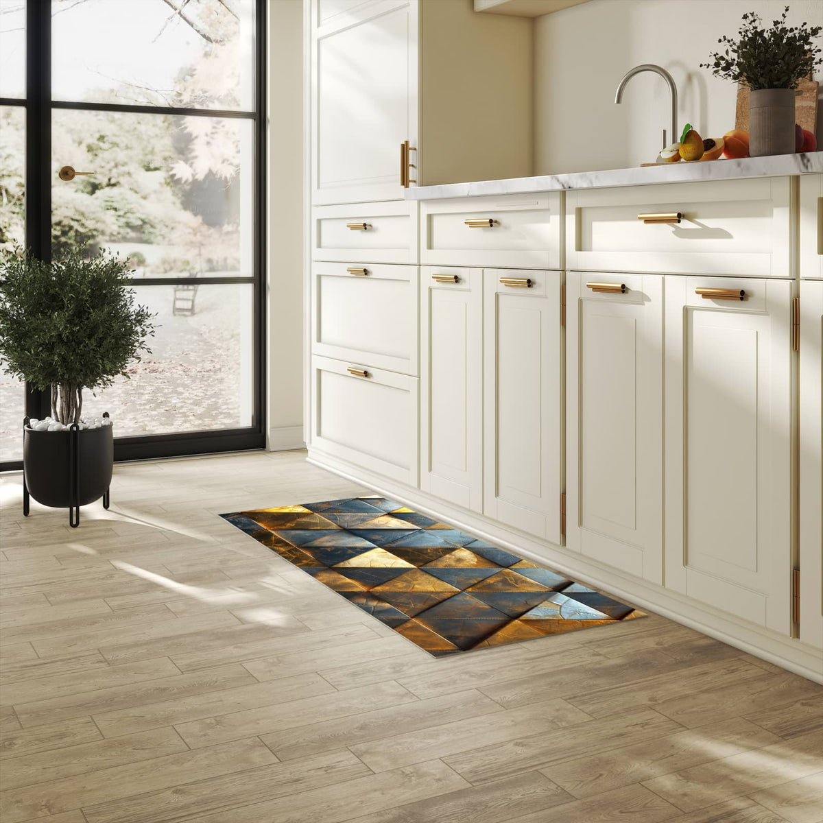 Langlebiger Küchenteppich mit Motiv Geometrische Wandkunst in heller Küche
