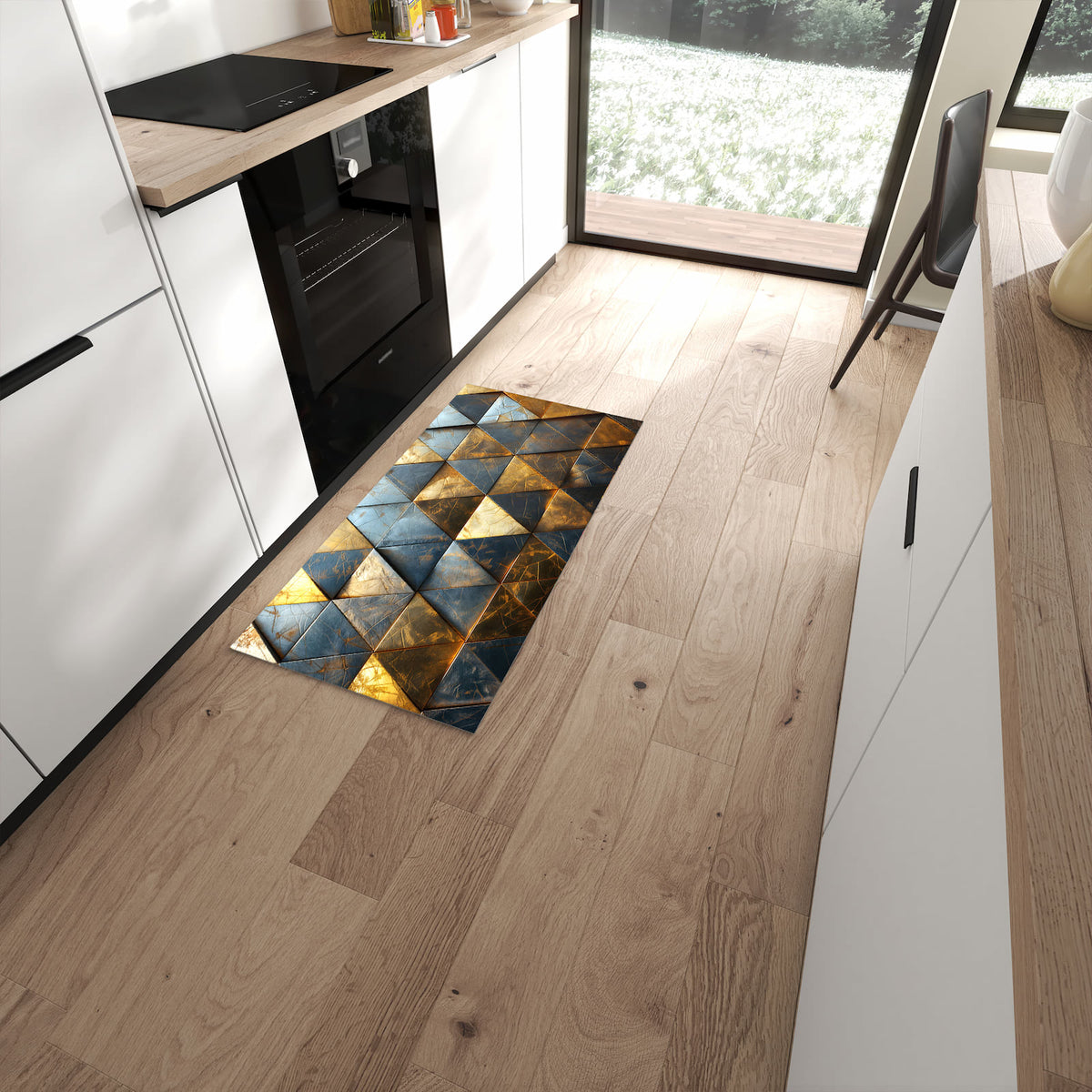 Rutschfester Küchenteppich mit Motiv Geometrische Wandkunst in moderner Küche #grösse_60 x 120 cm