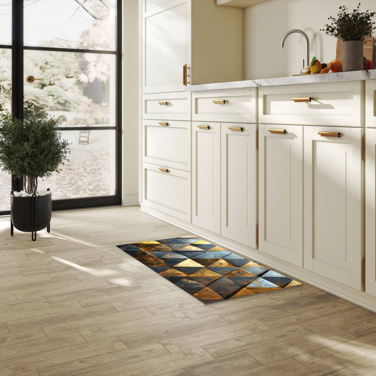 Waschbarer Bodenläufer Teppich mit Motiv Geometrische Wandkunst in heller Küche